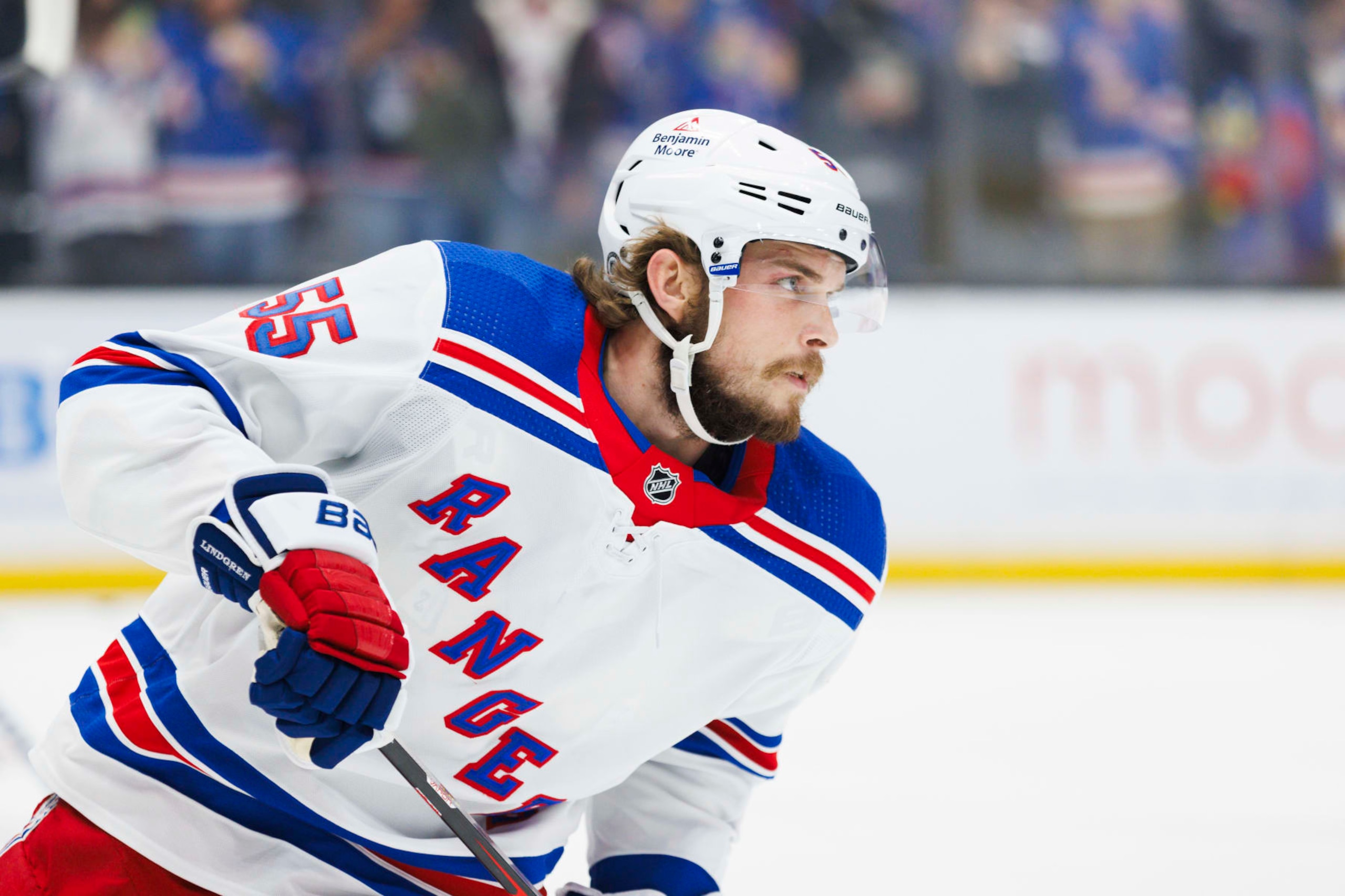 LOS ANGELES, CA - JANUARY 20: New York Rangers defenseman Ryan Lindgren (55) during an NHL hockey game against the Los Angeles Kings on January 20, 2024 at Crypto.com Arena in Los Angeles, CA. (Photo by Ric Tapia/Icon Sportswire via Getty Images)