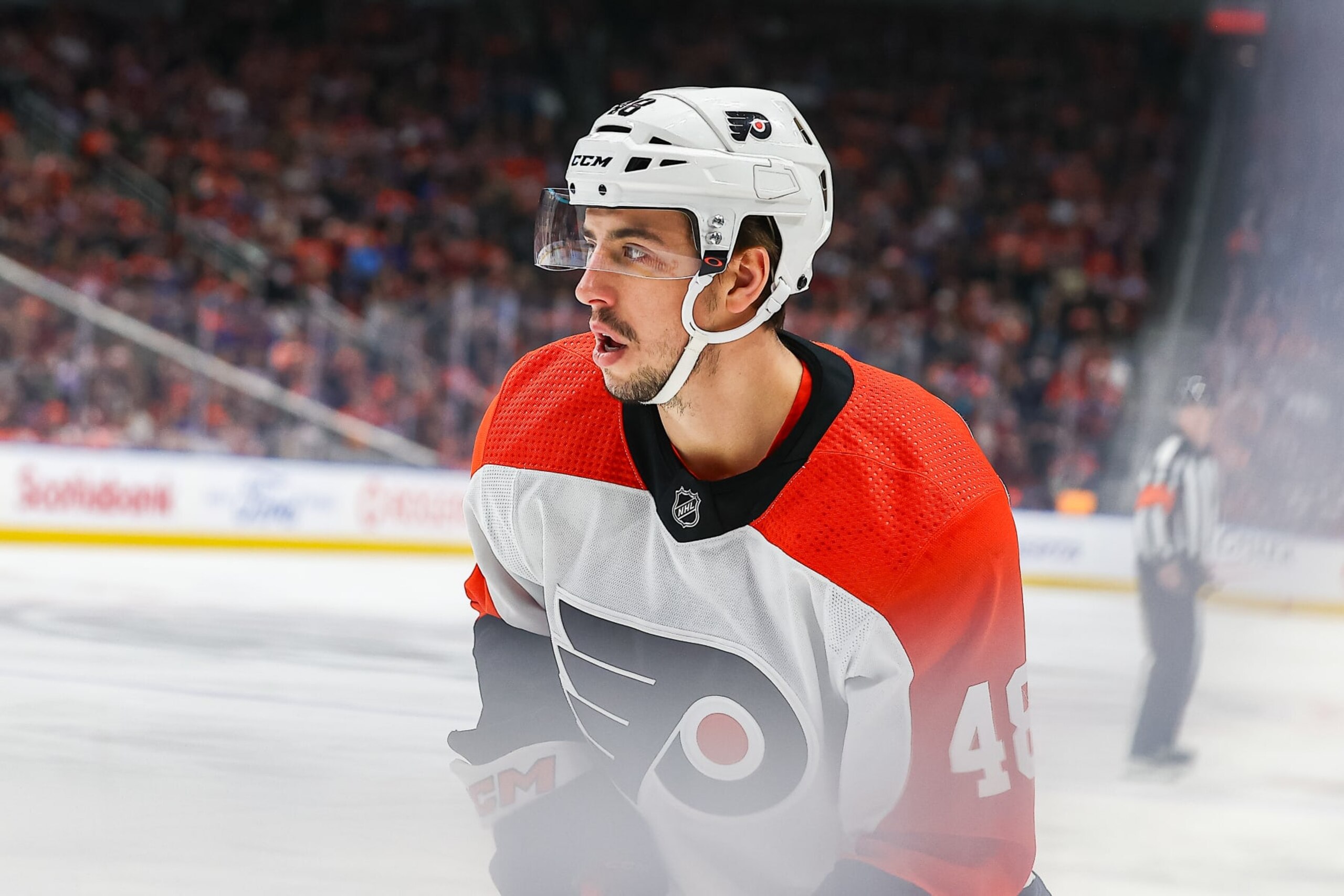 EDMONTON, AB - JANUARY 2: Philadelphia Flyers Center Morgan Frost (48) in action in the first period of the Edmonton Oilers game versus the Philadelphia Flyers on January 2, 2024 at Rogers Place in Edmonton, AB. (Photo by Curtis Comeau/Icon Sportswire via Getty Images)
