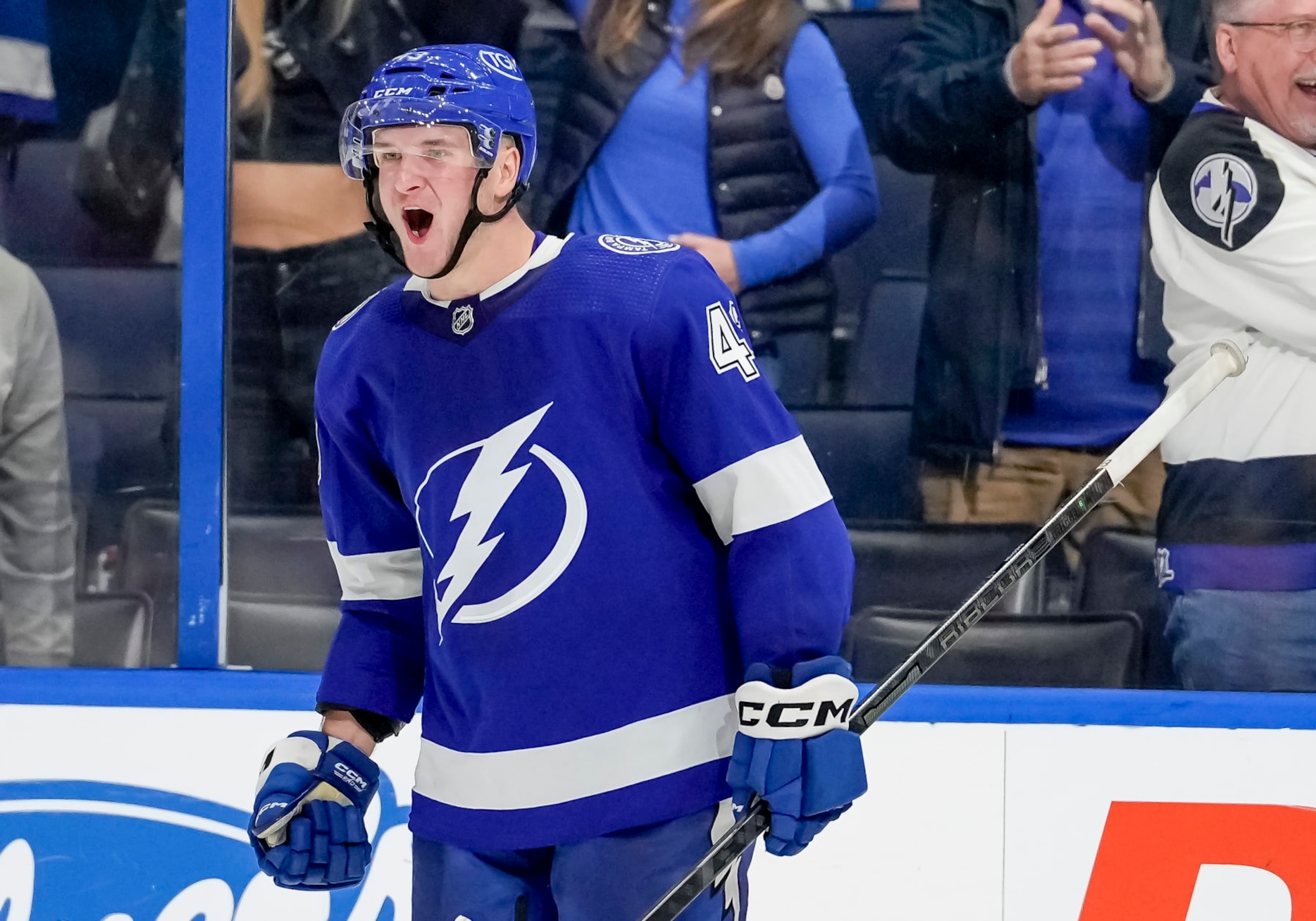 TAMPA, FL - JANUARY 11: Tampa Bay Lightning defenseman Darren Raddysh (43) scores the over time goal giving Tampa Bay Lightning the win over New Jersey Devils during the NHL Hockey match between the Tampa Bay Lightning and New Jersey Devils on January 11th, 2024 at Amalie Arena in Tampa, FL. (Photo by Andrew Bershaw/Icon Sportswire via Getty Images)