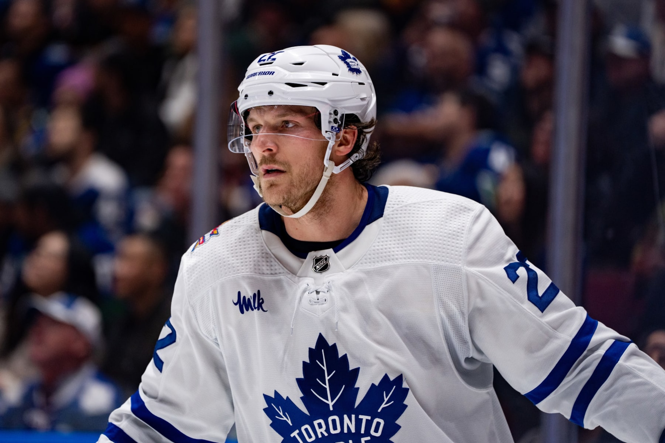 VANCOUVER, BC - JANUARY 20: Toronto Maple Leafs defenseman Jake McCabe (22) waits for a face-off during an NHL game between the Toronto Maple Leafs and the Vancouver Canucks on January 20, 2024 at Rogers Arena in Vancouver, BC. (Photo by Ethan Cairns/Icon Sportswire via Getty Images)