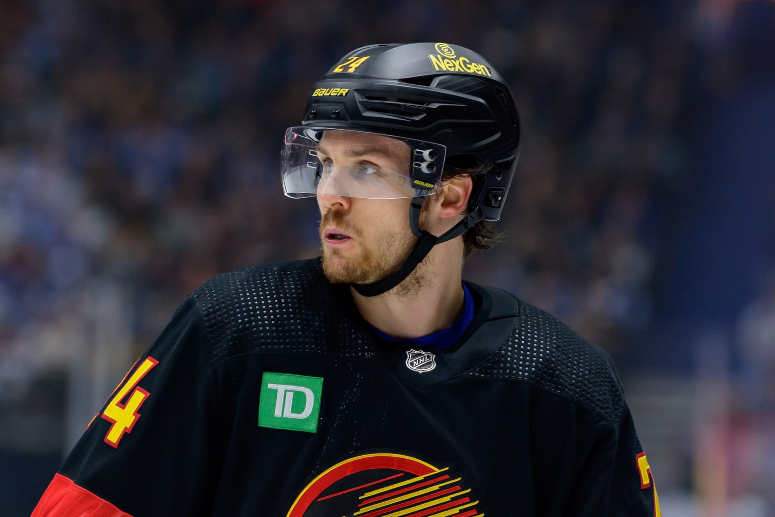 VANCOUVER, CANADA - JANUARY 20: Pius Suter #24 of the Vancouver Canucks waits for a face-off during the third period of their NHL game against the Toronto Maple Leafs at Rogers Arena on January 20, 2024 in Vancouver, British Columbia, Canada. (Photo by Derek Cain/Getty Images)