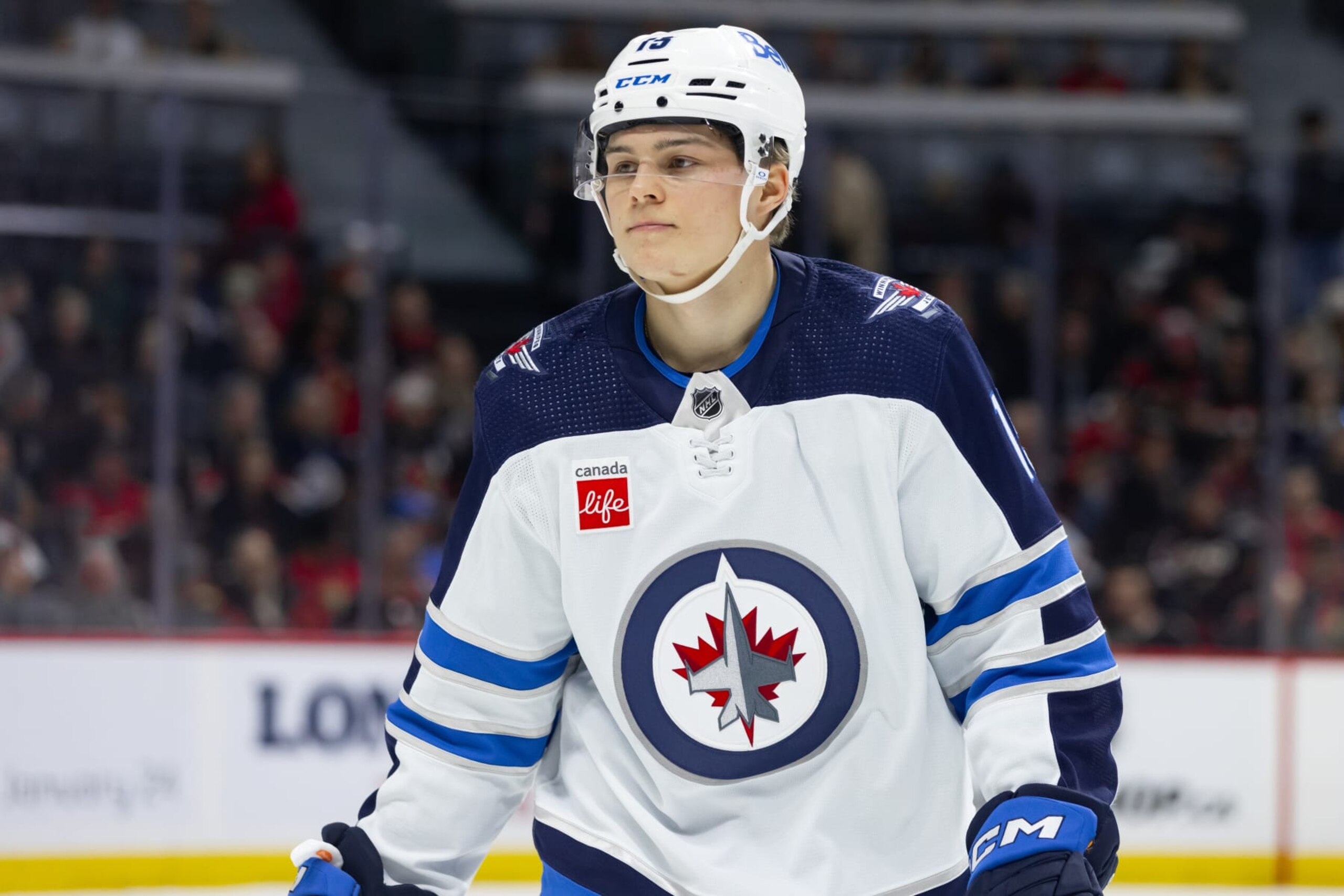 OTTAWA, ON - JANUARY 20: Winnipeg Jets Center Rasmus Kupari (15) after a whistle during first period National Hockey League action between the Winnipeg Jets and Ottawa Senators on January 20, 2024, at Canadian Tire Centre in Ottawa, ON, Canada. (Photo by Richard A. Whittaker/Icon Sportswire via Getty Images)