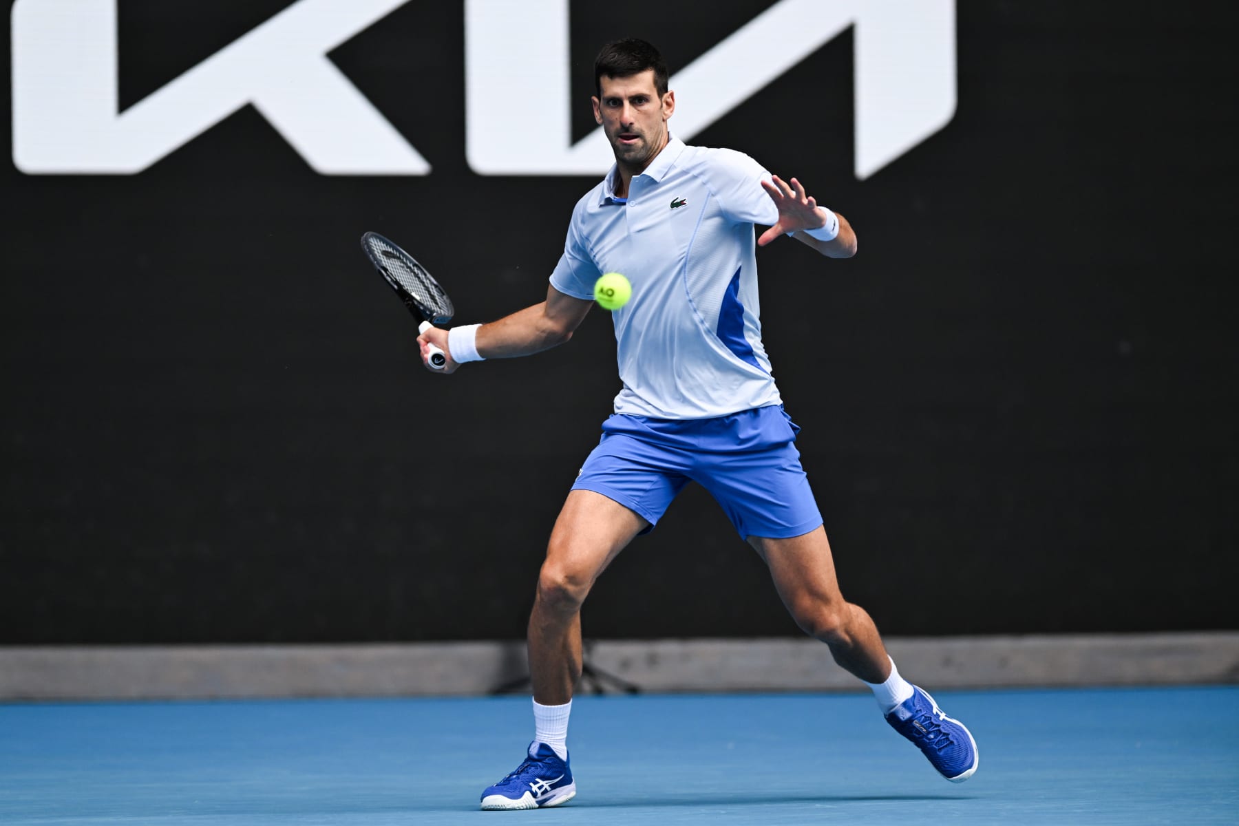 MELBOURNE, AUSTRALIA - JANUARY 26: Novak Djokovic of Serbia in action against Jannik Sinner (not seen) of Italy during Semi-Final match at the Australian Open grand slam tennis tournament at Melbourne Park in Melbourne, Australia on January 26, 2024. (Photo by Stringer/Anadolu via Getty Images)