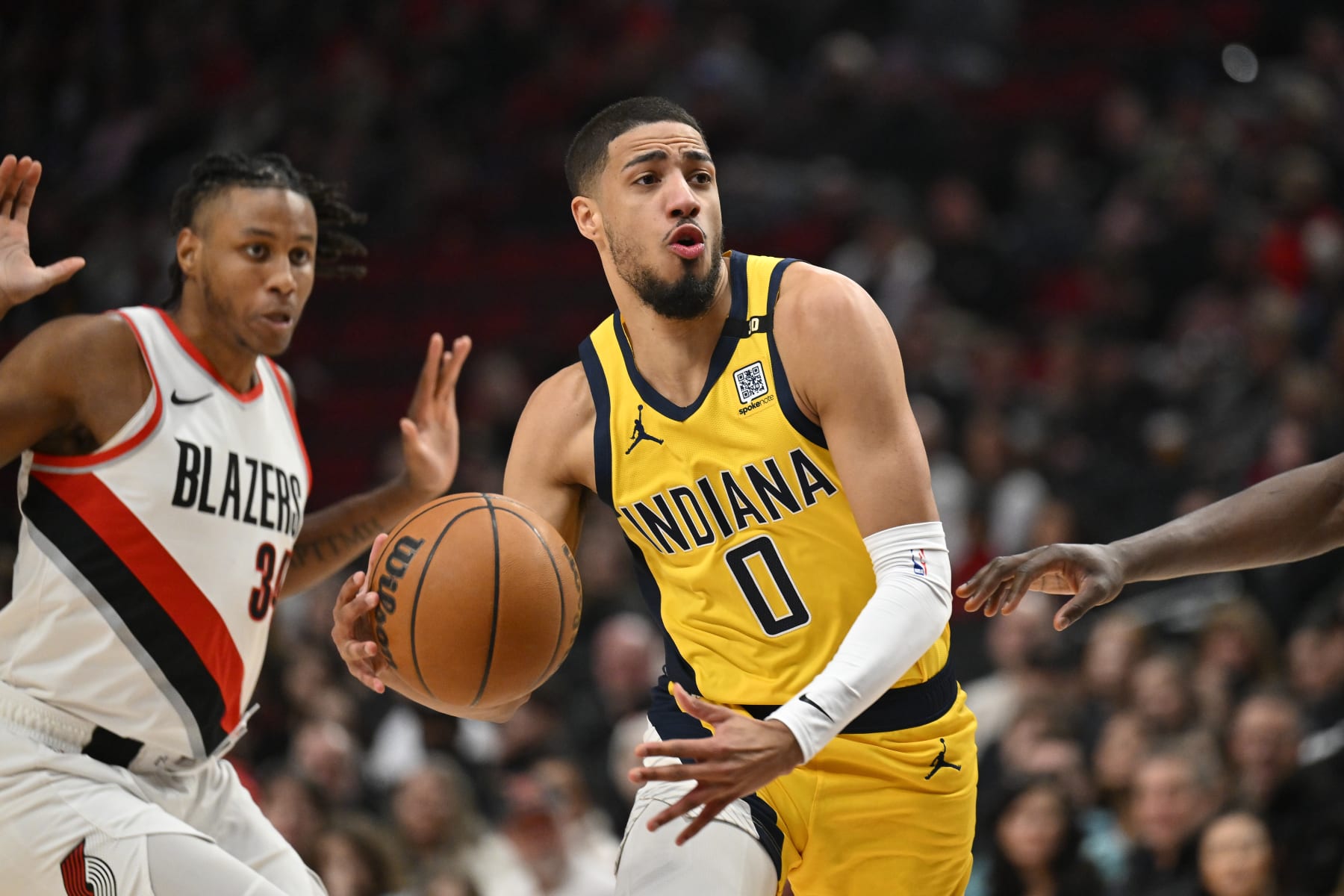 PORTLAND, OREGON - JANUARY 19: Tyrese Haliburton #0 of the Indiana Pacers in action during the first quarter of the game against the Portland Trail Blazers at Moda Center on January 19, 2024 in Portland, Oregon. NOTE TO USER: User expressly acknowledges and agrees that, by downloading and or using this photograph, User is consenting to the terms and conditions of the Getty Images License Agreement. (Photo by Alika Jenner/Getty Images)