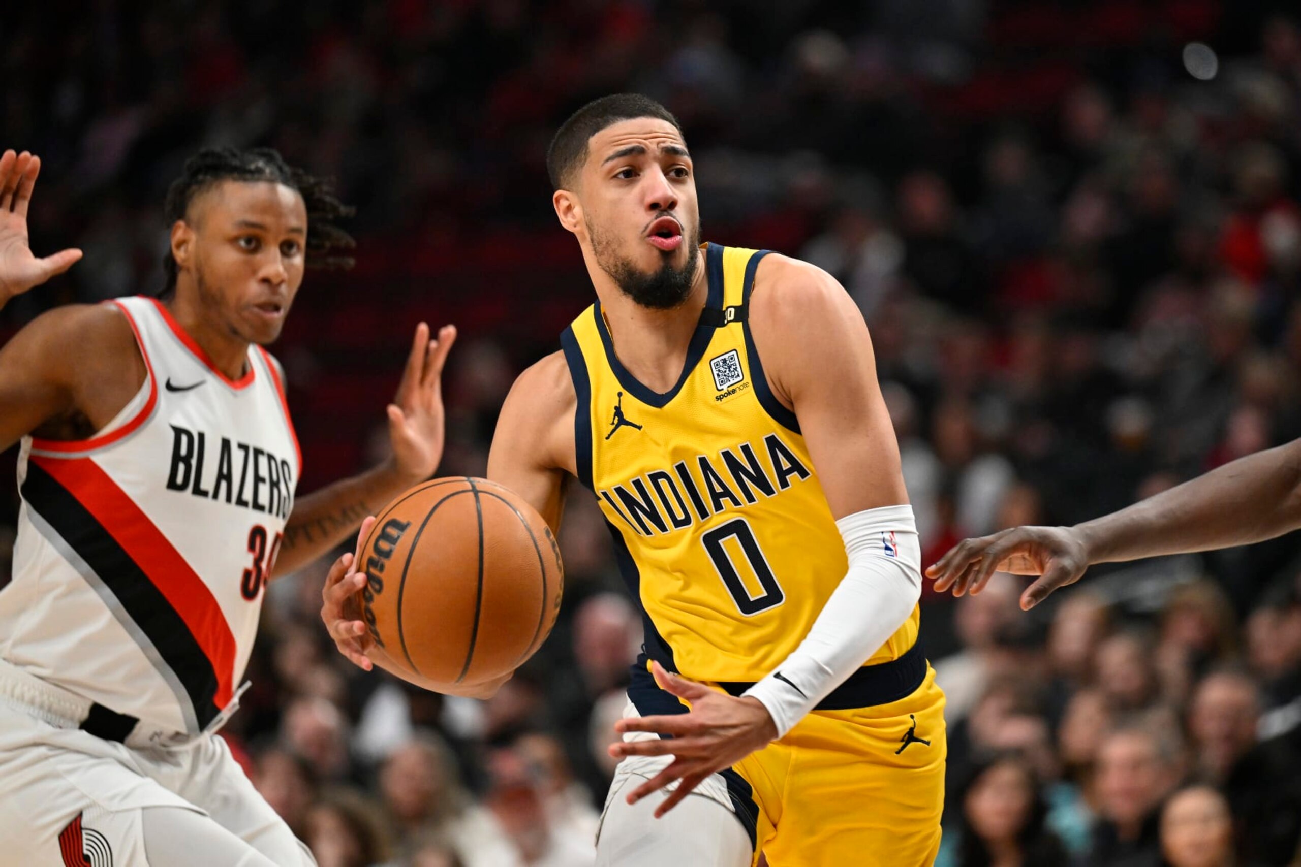 PORTLAND, OREGON - JANUARY 19: Tyrese Haliburton #0 of the Indiana Pacers in action during the first quarter of the game against the Portland Trail Blazers at Moda Center on January 19, 2024 in Portland, Oregon. NOTE TO USER: User expressly acknowledges and agrees that, by downloading and or using this photograph, User is consenting to the terms and conditions of the Getty Images License Agreement. (Photo by Alika Jenner/Getty Images)