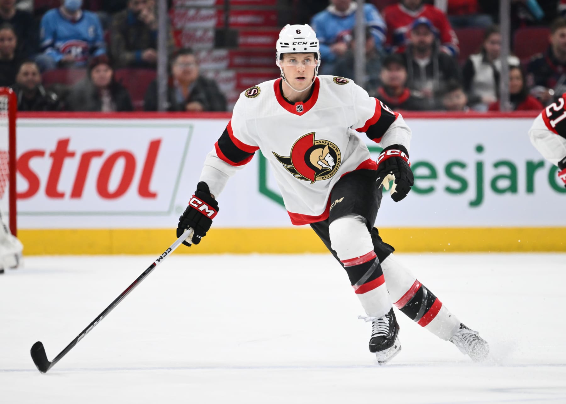 MONTREAL, CANADA - JANUARY 23:  Jakob Chychrun #6 of the Ottawa Senators skates during the third period against the Montreal Canadiens at the Bell Centre on January 23, 2024 in Montreal, Quebec, Canada.  The Ottawa Senators defeated the Montreal Canadiens 4-1.  (Photo by Minas Panagiotakis/Getty Images)