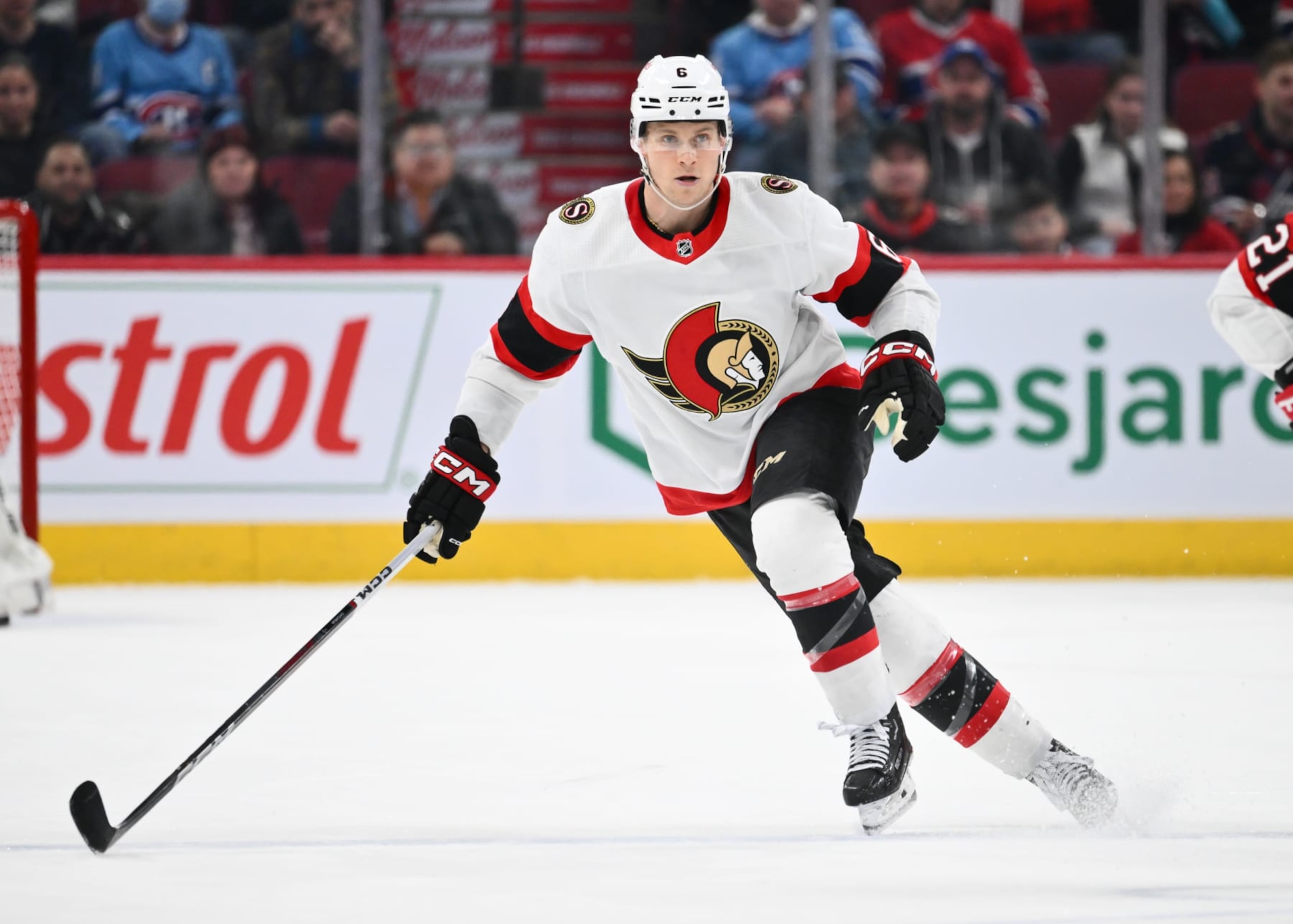 MONTREAL, CANADA - JANUARY 23:  Jakob Chychrun #6 of the Ottawa Senators skates during the third period against the Montreal Canadiens at the Bell Centre on January 23, 2024 in Montreal, Quebec, Canada.  The Ottawa Senators defeated the Montreal Canadiens 4-1.  (Photo by Minas Panagiotakis/Getty Images)