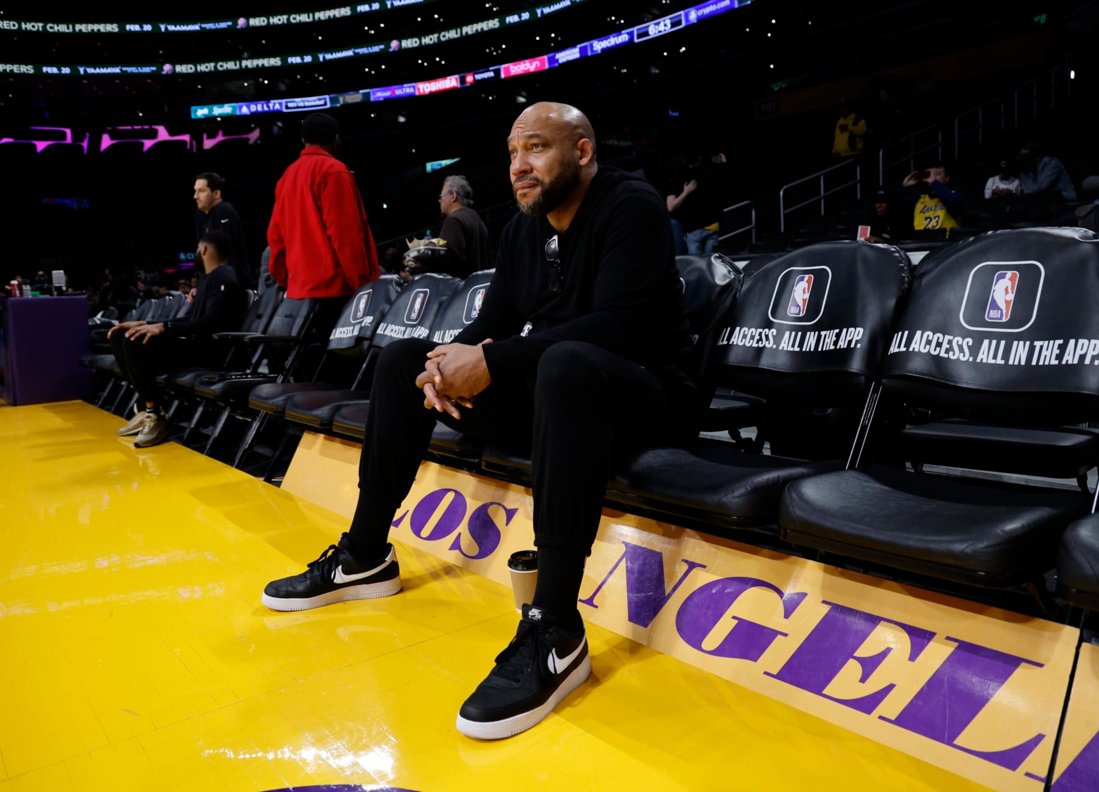 LOS ANGELES, CALIFORNIA - JANUARY 19: Head coach Darvin Ham of the Los Angeles Lakers watch his team warm up before the game against Brooklyn Nets at Crypto.com Arena on January 19, 2024 in Los Angeles, California. NOTE TO USER: User expressly acknowledges and agrees that, by downloading and or using this photograph, User is consenting to the terms and conditions of the Getty Images License Agreement. (Photo by Kevork Djansezian/Getty Images) LOS ANGELES, CALIFORNIA - JANUARY 19: Head coach Darvin Ham of the Los Angeles Lakers watch his team warm up before the game against Brooklyn Nets at Crypto.com Arena on January 19, 2024 in Los Angeles, California. NOTE TO USER: User expressly acknowledges and agrees that, by downloading and or using this photograph, User is consenting to the terms and conditions of the Getty Images License Agreement. (Photo by Kevork Djansezian/Getty Images)