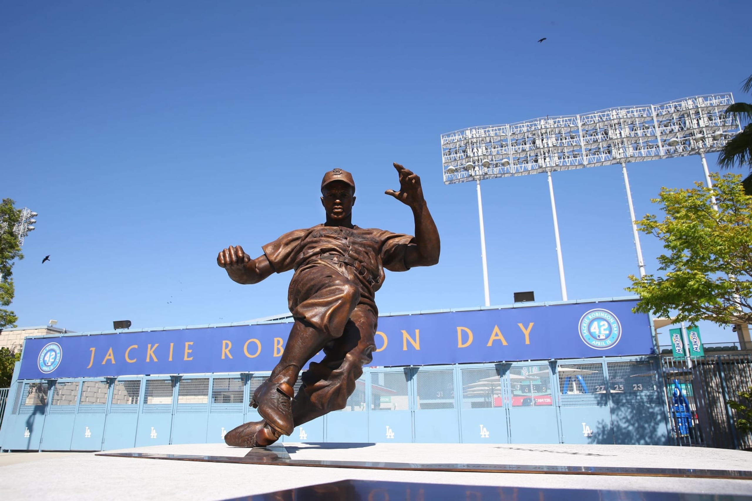 LOS ANGELES, CA - APRIL 19:  A general view of the Jackie Robinson statue is seen prior to the MLB game between the Colorado Rockies and the Los Angeles Dodgers at Dodger Stadium on April 19, 2017 in Los Angeles, California. The Dodgers defeated the Rockies 4-2.  (Photo by Victor Decolongon/Getty Images)