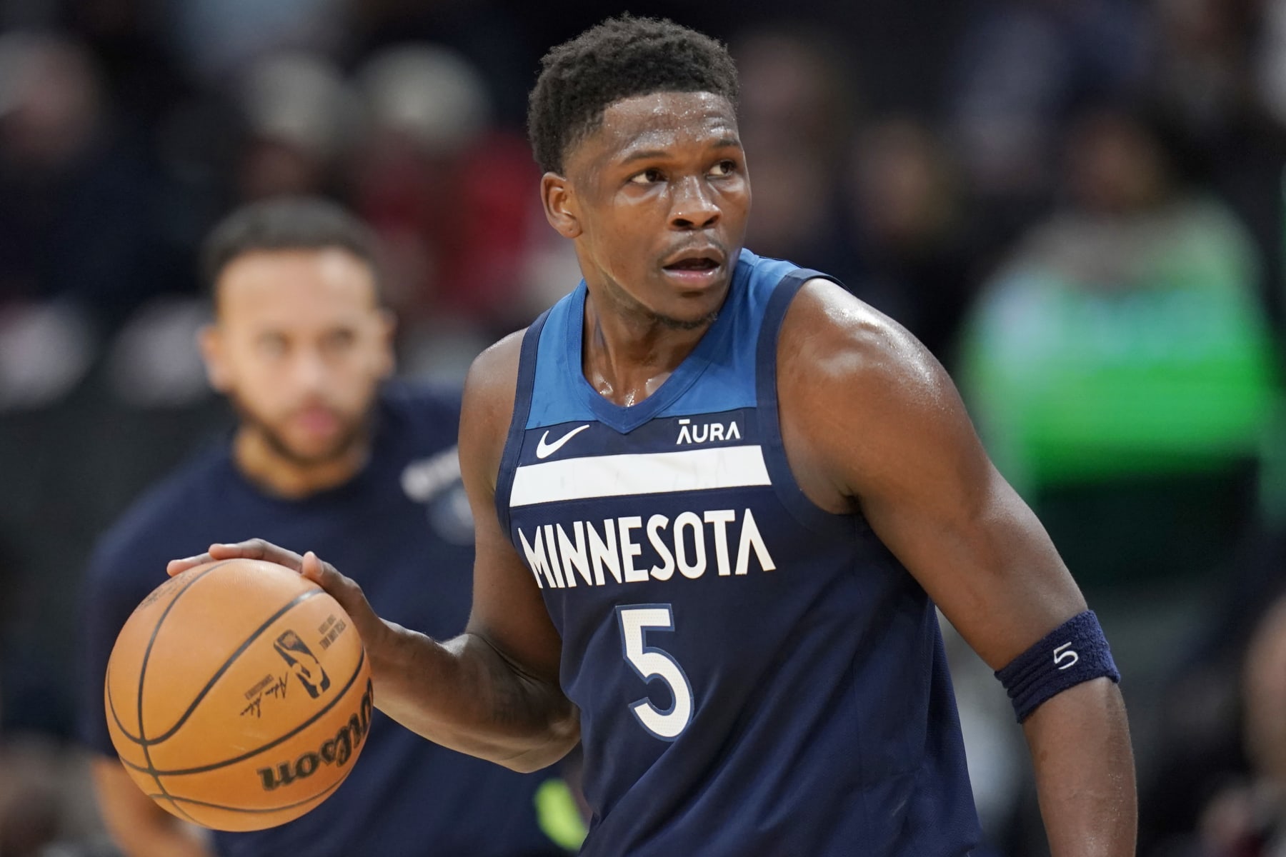 WASHINGTON, DC - JANUARY 24: Anthony Edwards #5 of the Minnesota Timberwolves dribbles the ball during the first half against the Washington Wizards at Capital One Arena on January 24, 2024 in Washington, DC. NOTE TO USER: User expressly acknowledges and agrees that, by downloading and or using this photograph, User is consenting to the terms and conditions of the Getty Images License Agreement. (Photo by Jess Rapfogel/Getty Images)