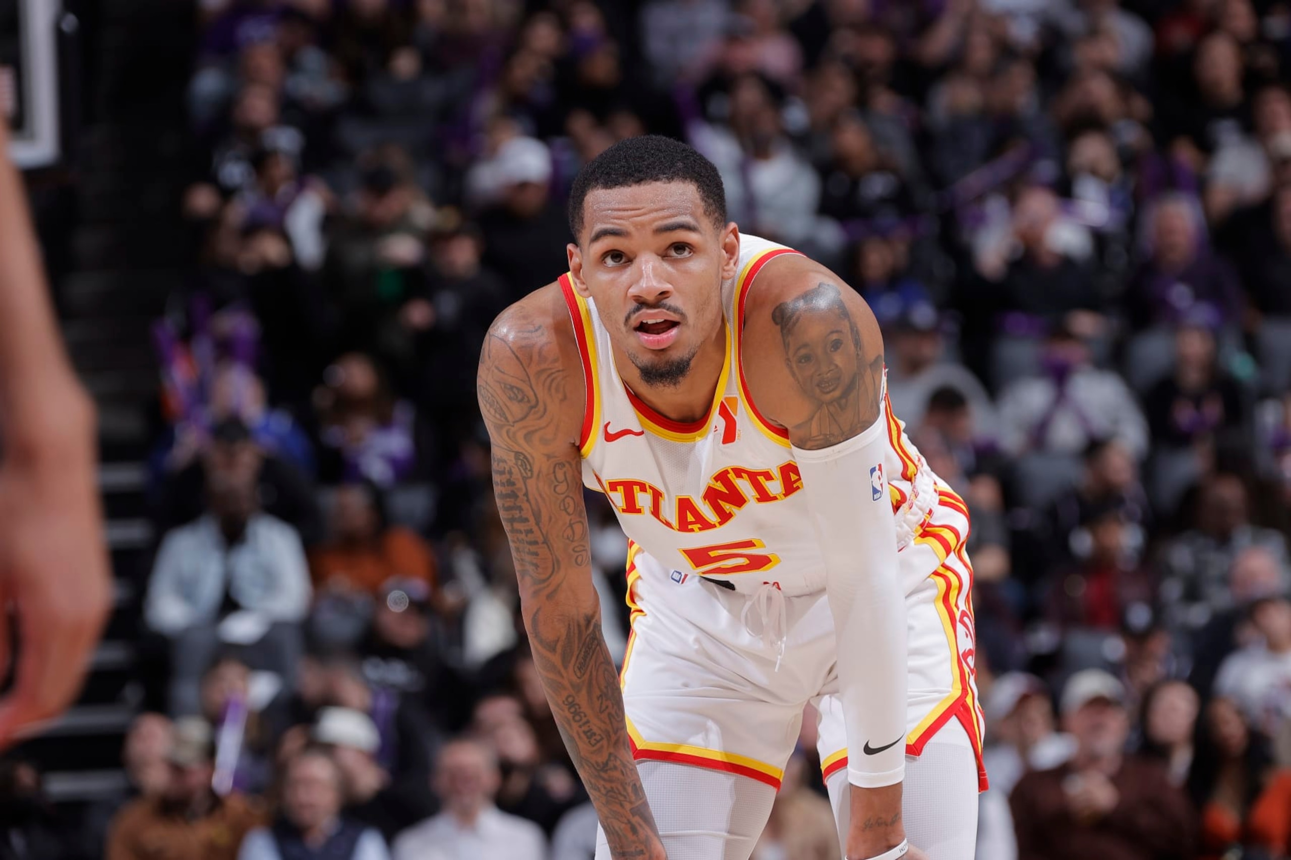 SACRAMENTO, CA - JANUARY 22: Dejounte Murray #5 of the Atlanta Hawks looks on during the game against the Sacramento Kings on January 22, 2024 at Golden 1 Center in Sacramento, California. NOTE TO USER: User expressly acknowledges and agrees that, by downloading and or using this photograph, User is consenting to the terms and conditions of the Getty Images Agreement. Mandatory Copyright Notice: Copyright 2024 NBAE (Photo by Rocky Widner/NBAE via Getty Images)