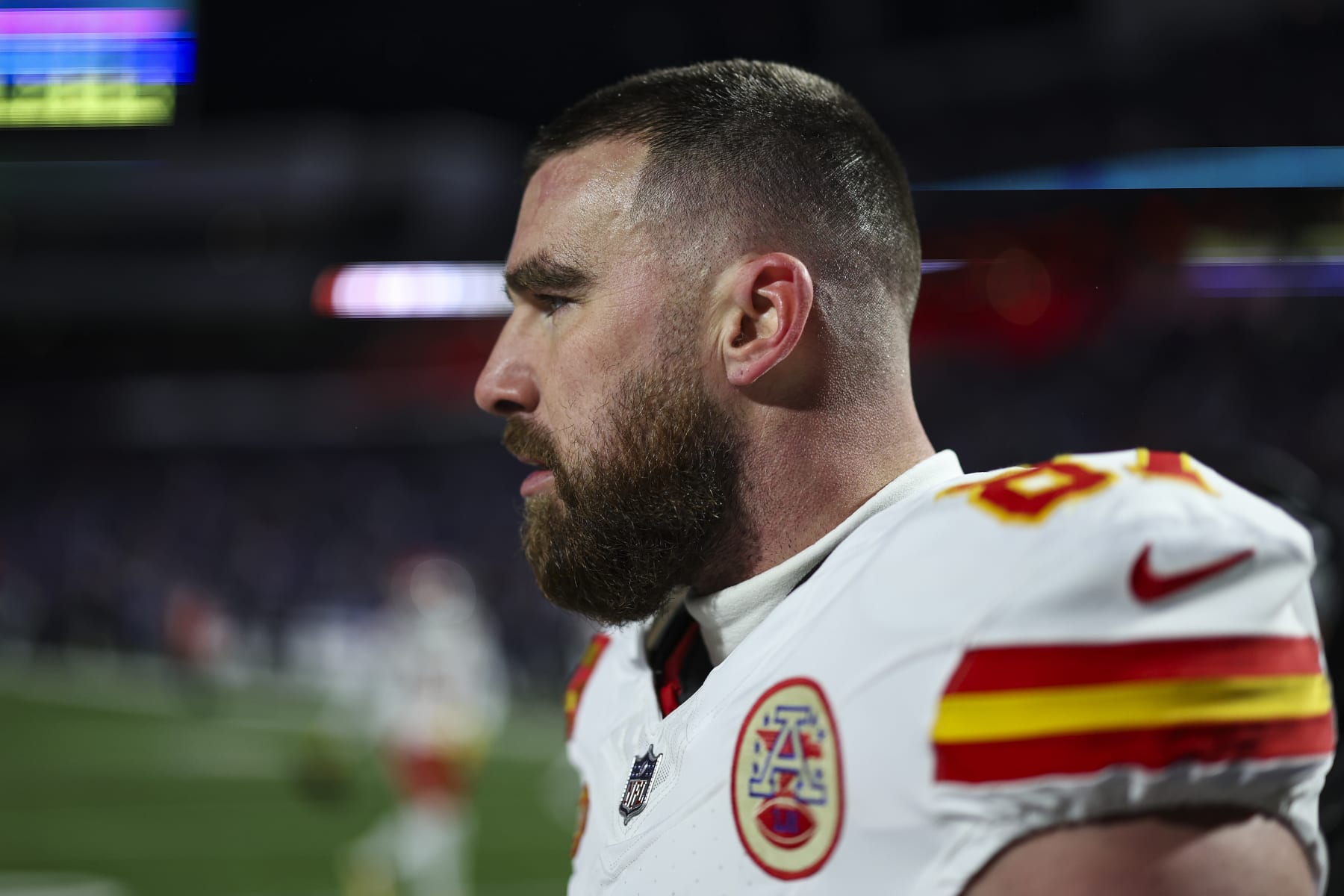 ORCHARD PARK, NY - JANUARY 21: Travis Kelce #87 of the Kansas City Chiefs warms up prior to an NFL divisional round playoff football game against the Buffalo Bills at Highmark Stadium on January 21, 2024 in Orchard Park, New York. (Photo by Perry Knotts/Getty Images)