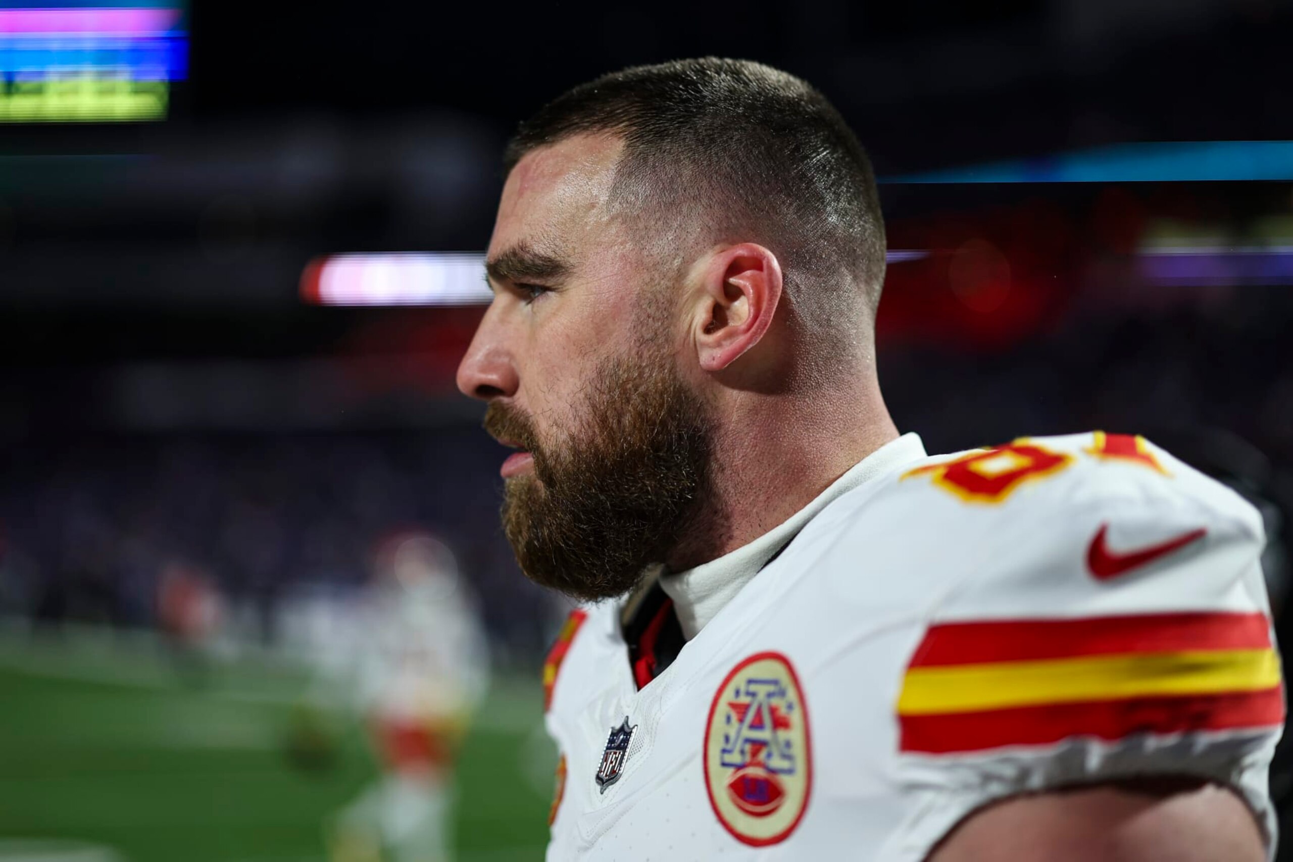 ORCHARD PARK, NY - JANUARY 21: Travis Kelce #87 of the Kansas City Chiefs warms up prior to an NFL divisional round playoff football game against the Buffalo Bills at Highmark Stadium on January 21, 2024 in Orchard Park, New York. (Photo by Perry Knotts/Getty Images)