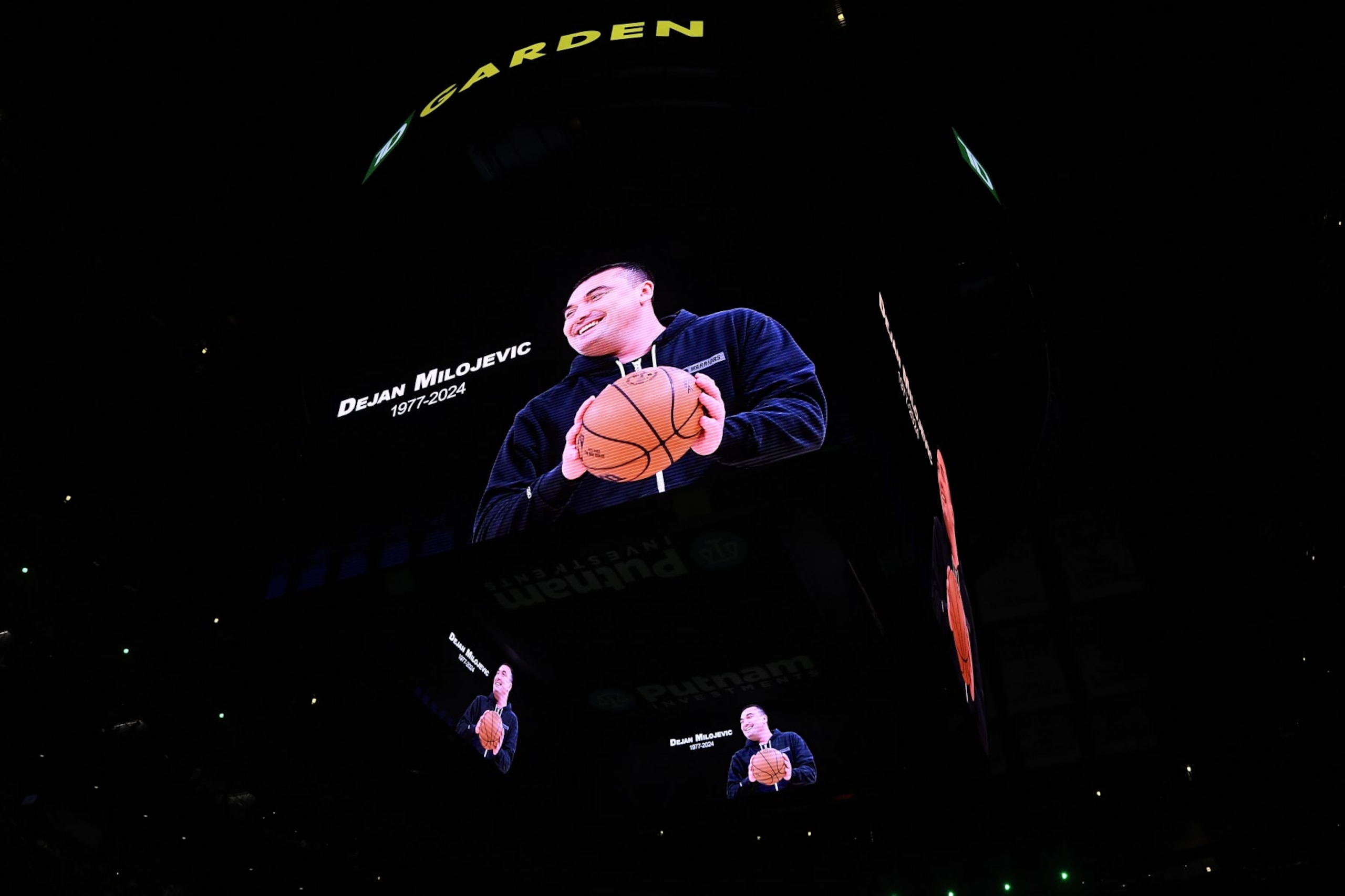 BOSTON, MA - JANUARY 17: Dejan MilojeviÄ of the Golden State Warriors is honored during a moment of silence before the game of the Boston Celtics against the San Antonio Spurs on January 17, 2024 at the TD Garden in Boston, Massachusetts. NOTE TO USER: User expressly acknowledges and agrees that, by downloading and or using this photograph, User is consenting to the terms and conditions of the Getty Images License Agreement. Mandatory Copyright Notice: Copyright 2024 NBAE  (Photo by Brian Babineau/NBAE via Getty Images)
