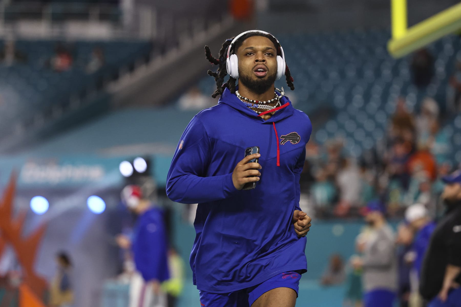 MIAMI GARDENS, FL - JANUARY 07: Damar Hamlin #3 of the Buffalo Bills warms up prior to an NFL football game against the Miami Dolphins at Hard Rock Stadium on January 7, 2024 in Miami Gardens, Florida. (Photo by Perry Knotts/Getty Images)