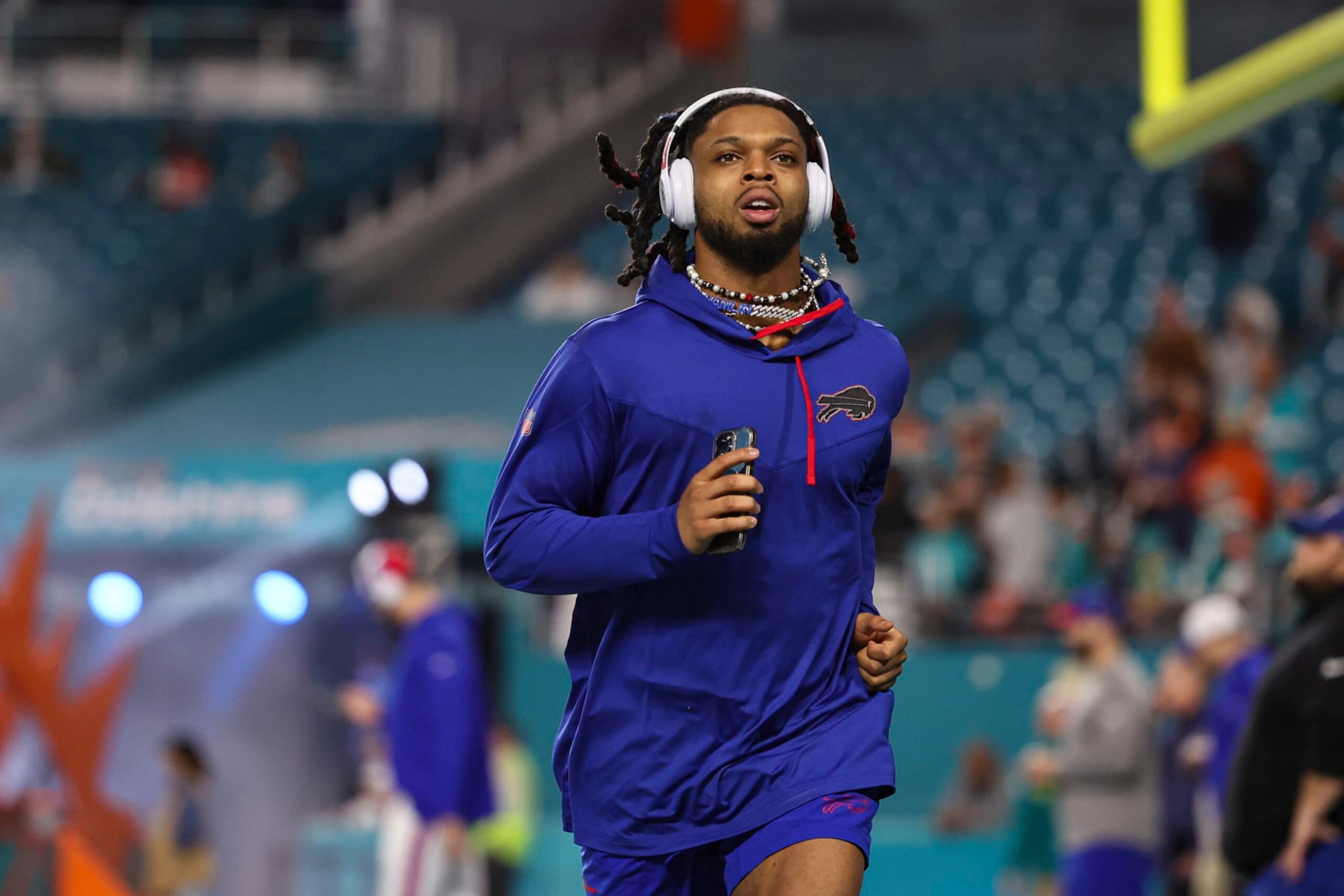 MIAMI GARDENS, FL - JANUARY 07: Damar Hamlin #3 of the Buffalo Bills warms up prior to an NFL football game against the Miami Dolphins at Hard Rock Stadium on January 7, 2024 in Miami Gardens, Florida. (Photo by Perry Knotts/Getty Images)