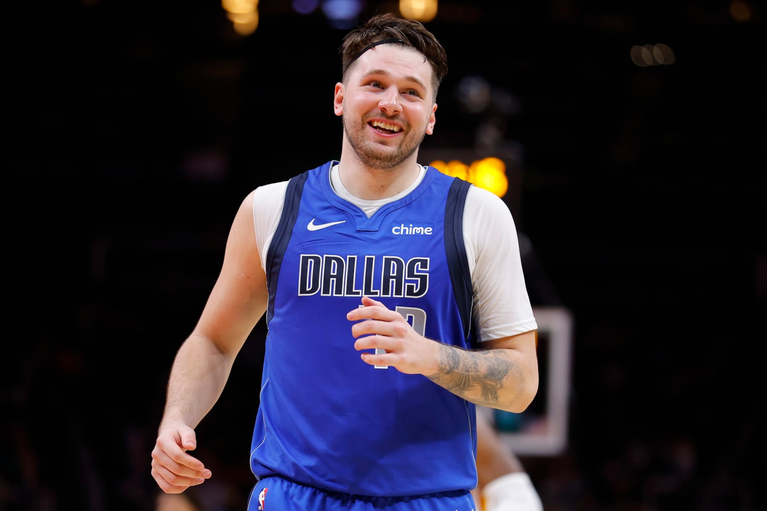 ATLANTA, GEORGIA - JANUARY 26: Luka Doncic #77 of the Dallas Mavericks reacts during the fourth quarter against the Atlanta Hawks at State Farm Arena on January 26, 2024 in Atlanta, Georgia. NOTE TO USER: User expressly acknowledges and agrees that, by downloading and or using this photograph, User is consenting to the terms and conditions of the Getty Images License Agreement. (Photo by Todd Kirkland/Getty Images)
