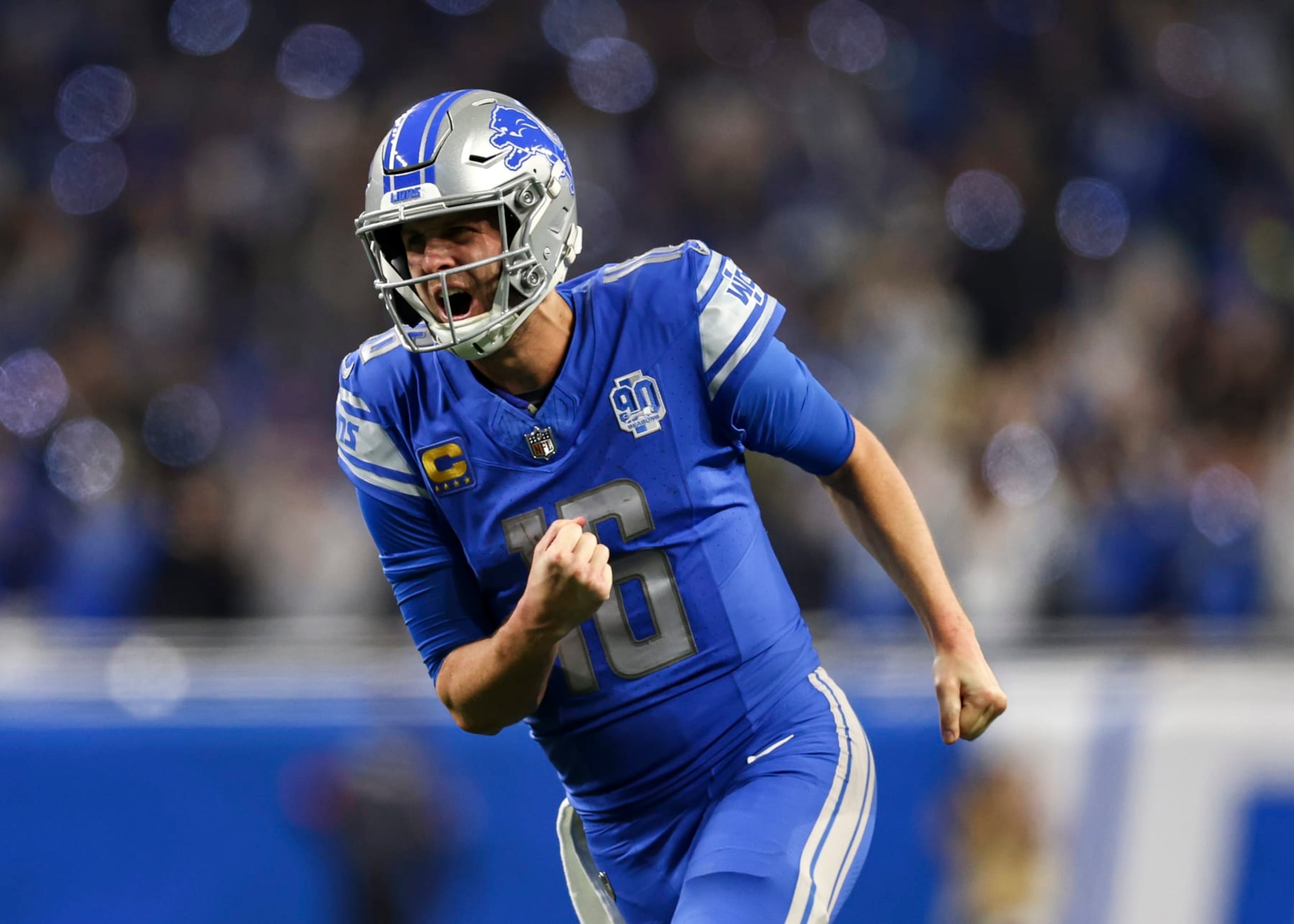 DETROIT, MI - JANUARY 21: Jared Goff #16 of the Detroit Lions celebrates after a touchdown during the third quarter of an NFL divisional round playoff football game against the Tampa Bay Buccaneers at Ford Field on January 21, 2024 in Detroit, Michigan. (Photo by Kevin Sabitus/Getty Images) DETROIT, MI - JANUARY 21: Jared Goff #16 of the Detroit Lions celebrates after a touchdown during the third quarter of an NFL divisional round playoff football game against the Tampa Bay Buccaneers at Ford Field on January 21, 2024 in Detroit, Michigan. (Photo by Kevin Sabitus/Getty Images)