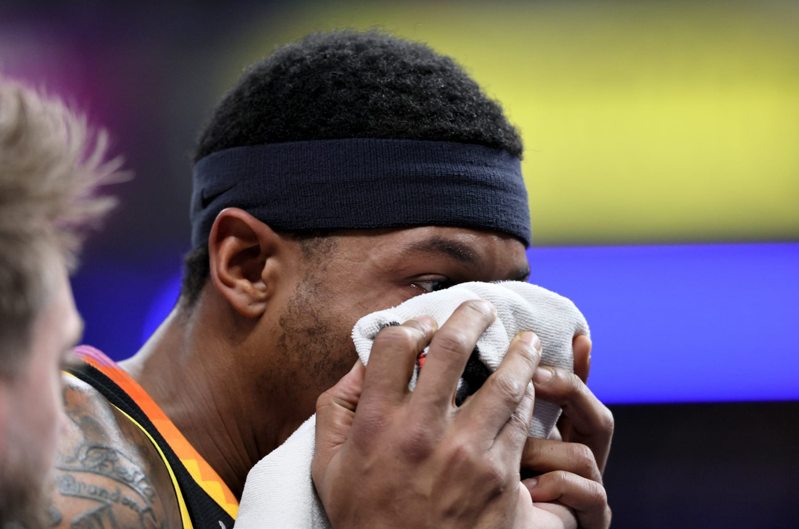 INDIANAPOLIS, INDIANA - JANUARY 26:  Bradley Beal #3 walks off of the court he was hit in the nose in the second half against the Indiana Pacers at Gainbridge Fieldhouse on January 26, 2024 in Indianapolis, Indiana.    NOTE TO USER: User expressly acknowledges and agrees that, by downloading and or using this photograph, User is consenting to the terms and conditions of the Getty Images License Agreement.  (Photo by Andy Lyons/Getty Images)