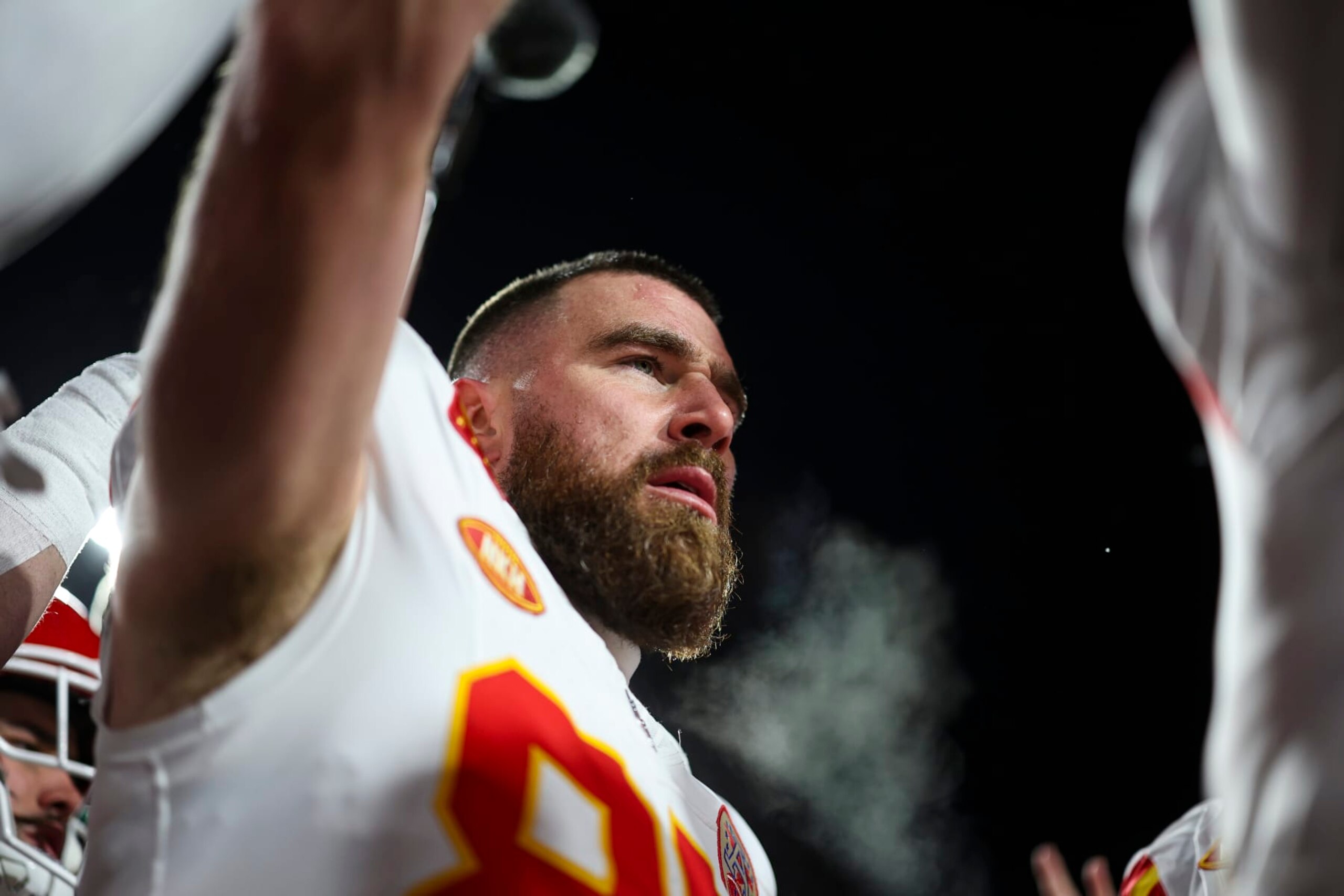 ORCHARD PARK, NY - JANUARY 21: Travis Kelce #87 of the Kansas City Chiefs warms up prior to an NFL divisional round playoff football game against the Buffalo Bills at Highmark Stadium on January 21, 2024 in Orchard Park, New York. (Photo by Perry Knotts/Getty Images) ORCHARD PARK, NY - JANUARY 21: Travis Kelce #87 of the Kansas City Chiefs warms up prior to an NFL divisional round playoff football game against the Buffalo Bills at Highmark Stadium on January 21, 2024 in Orchard Park, New York. (Photo by Perry Knotts/Getty Images)