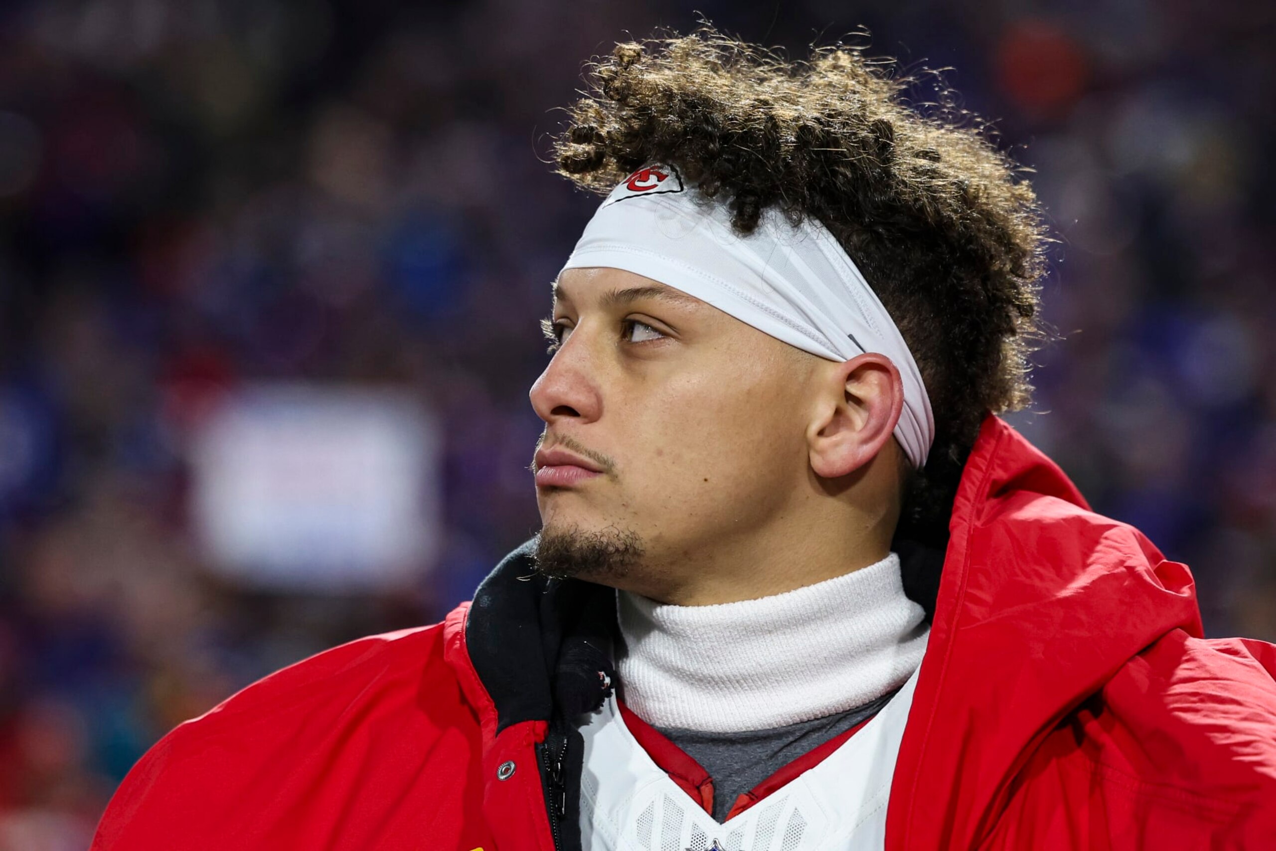 ORCHARD PARK, NY - JANUARY 21: Patrick Mahomes #15 of the Kansas City Chiefs looks on from the sideline during the national anthem prior to an NFL divisional round playoff football game against the Buffalo Bills at Highmark Stadium on January 21, 2024 in Orchard Park, New York. (Photo by Perry Knotts/Getty Images) ORCHARD PARK, NY - JANUARY 21: Patrick Mahomes #15 of the Kansas City Chiefs looks on from the sideline during the national anthem prior to an NFL divisional round playoff football game against the Buffalo Bills at Highmark Stadium on January 21, 2024 in Orchard Park, New York. (Photo by Perry Knotts/Getty Images)