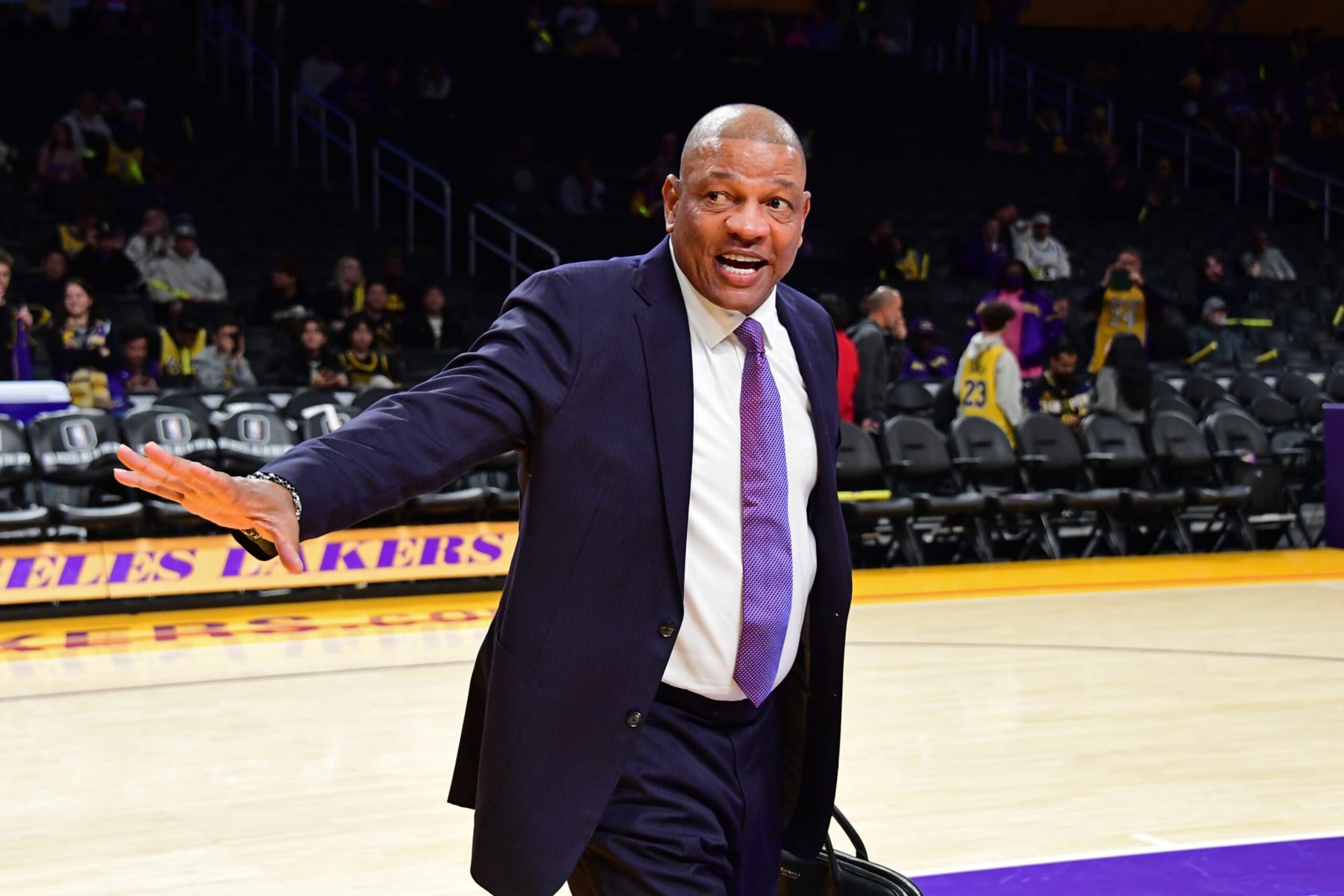 LOS ANGELES, CA - JANUARY 5: Doc Rivers looks on before the game between the Memphis Grizzlies and the Los Angeles Lakers on January 5, 2024 at Crypto.Com Arena in Los Angeles, California. NOTE TO USER: User expressly acknowledges and agrees that, by downloading and/or using this Photograph, user is consenting to the terms and conditions of the Getty Images License Agreement. Mandatory Copyright Notice: Copyright 2024 NBAE (Photo by Adam Pantozzi/NBAE via Getty Images) LOS ANGELES, CA - JANUARY 5: Doc Rivers looks on before the game between the Memphis Grizzlies and the Los Angeles Lakers on January 5, 2024 at Crypto.Com Arena in Los Angeles, California. NOTE TO USER: User expressly acknowledges and agrees that, by downloading and/or using this Photograph, user is consenting to the terms and conditions of the Getty Images License Agreement. Mandatory Copyright Notice: Copyright 2024 NBAE (Photo by Adam Pantozzi/NBAE via Getty Images)