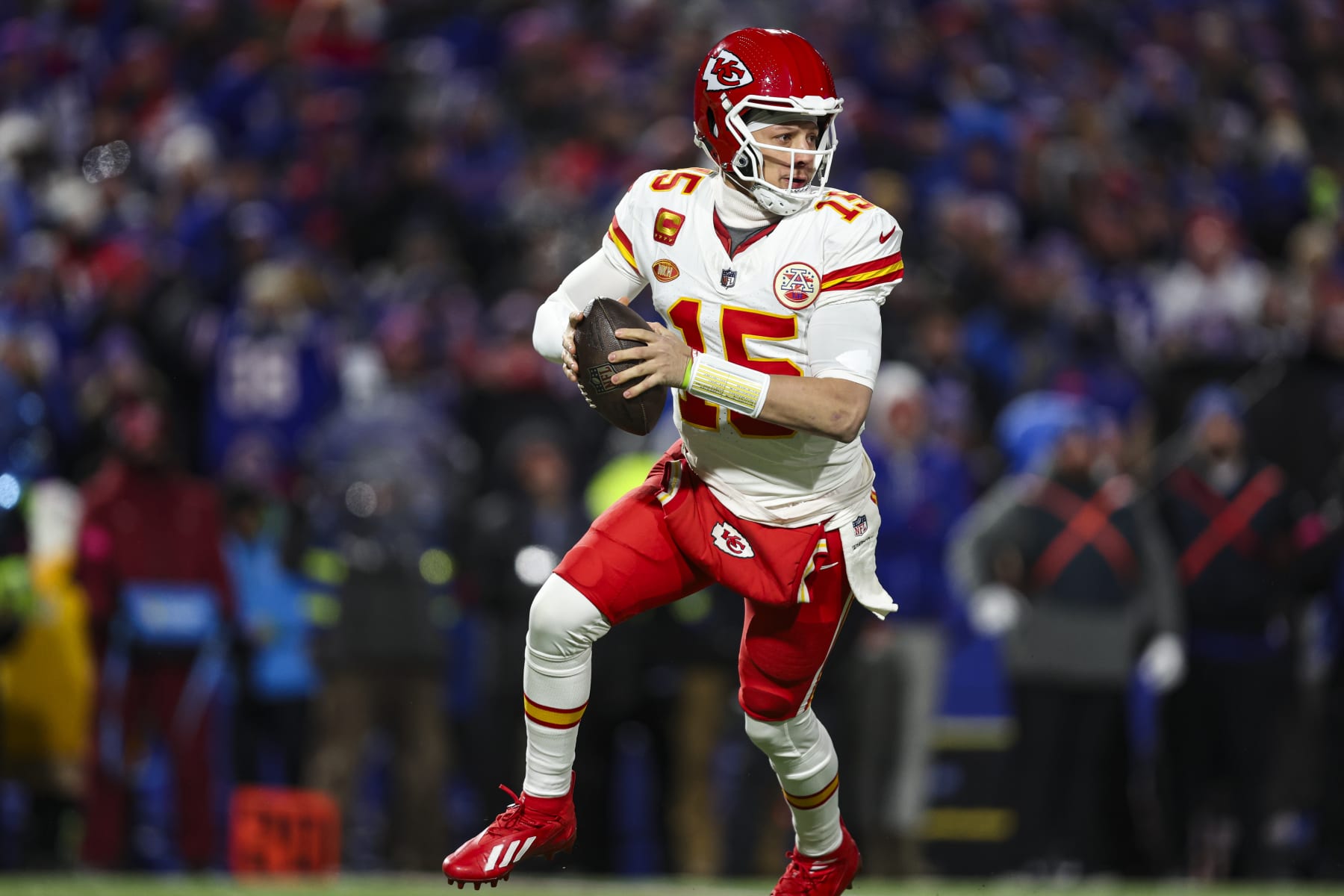 ORCHARD PARK, NY - JANUARY 21: Patrick Mahomes #15 of the Kansas City Chiefs drops back to pass during an NFL divisional round playoff football game against the Buffalo Bills at Highmark Stadium on January 21, 2024 in Orchard Park, New York. (Photo by Perry Knotts/Getty Images)