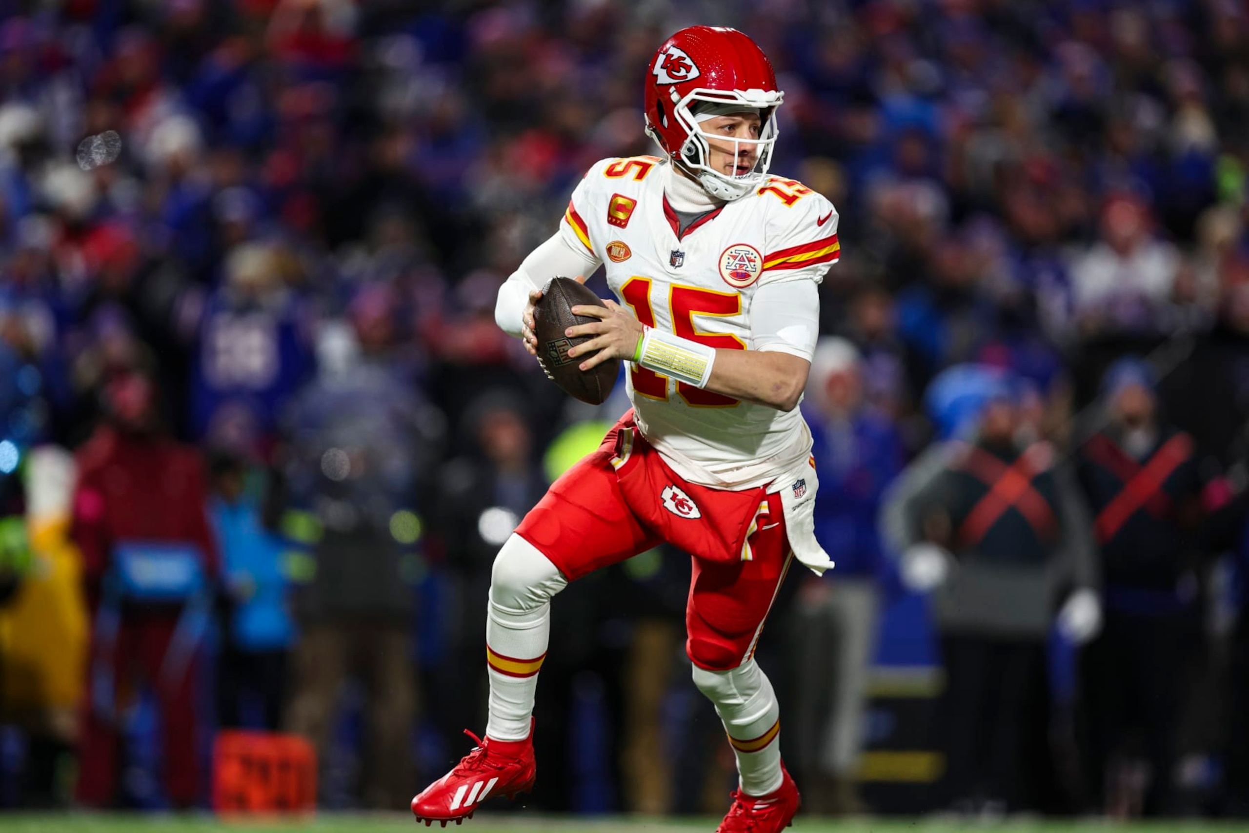 ORCHARD PARK, NY - JANUARY 21: Patrick Mahomes #15 of the Kansas City Chiefs drops back to pass during an NFL divisional round playoff football game against the Buffalo Bills at Highmark Stadium on January 21, 2024 in Orchard Park, New York. (Photo by Perry Knotts/Getty Images)