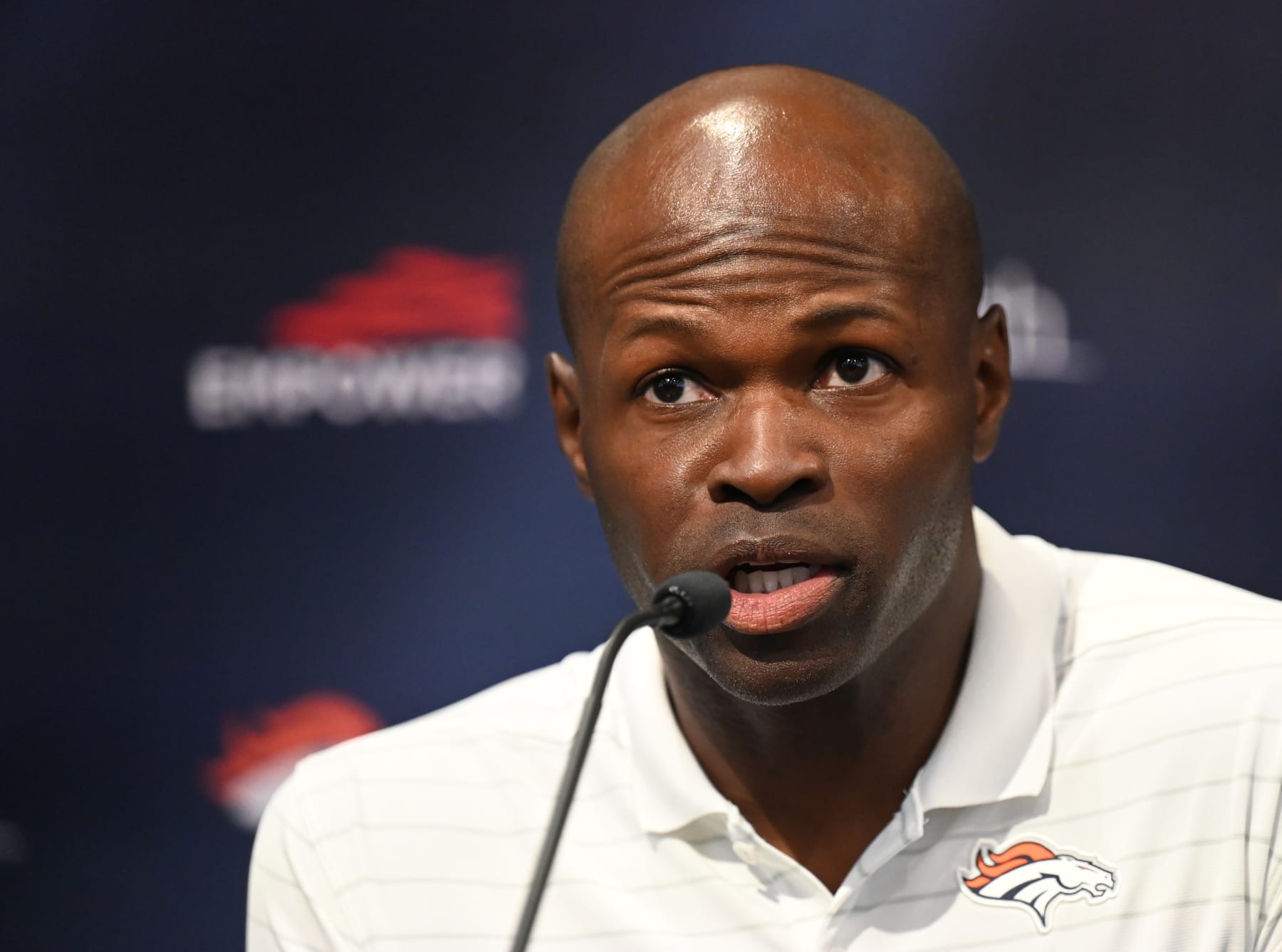 ENGLEWOOD COLORADO - FEBRUARY 22: Ejiro Evero, Defensive Coordinator, takes part in a press conference announcing the new coaching staff for the Denver Broncos at UCHeath Training Center on February 22, 2022 in Englewood, Colorado. (Photo by RJ Sangosti/MediaNews Group/The Denver Post via Getty Images)