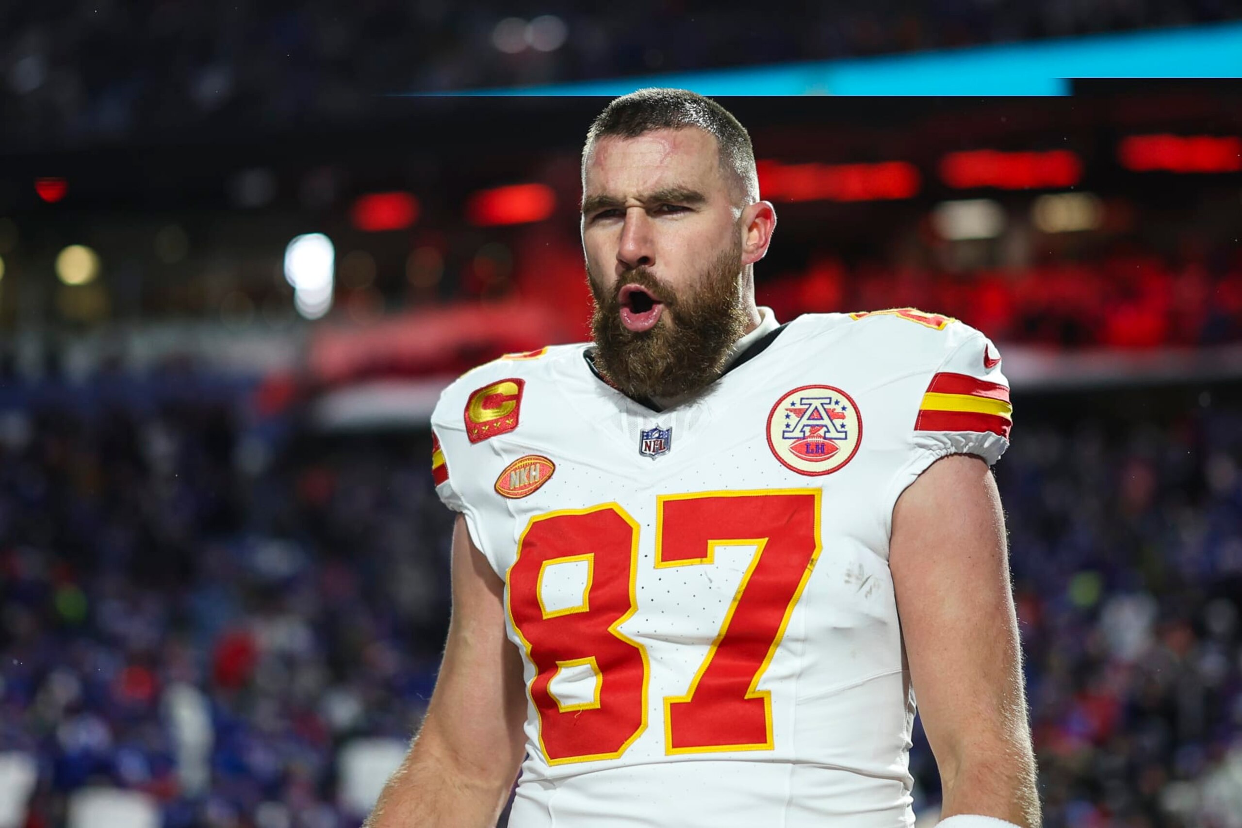 ORCHARD PARK, NY - JANUARY 21: Travis Kelce #87 of the Kansas City Chiefs warms up prior to an NFL divisional round playoff football game against the Buffalo Bills at Highmark Stadium on January 21, 2024 in Orchard Park, New York. (Photo by Perry Knotts/Getty Images) ORCHARD PARK, NY - JANUARY 21: Travis Kelce #87 of the Kansas City Chiefs warms up prior to an NFL divisional round playoff football game against the Buffalo Bills at Highmark Stadium on January 21, 2024 in Orchard Park, New York. (Photo by Perry Knotts/Getty Images)