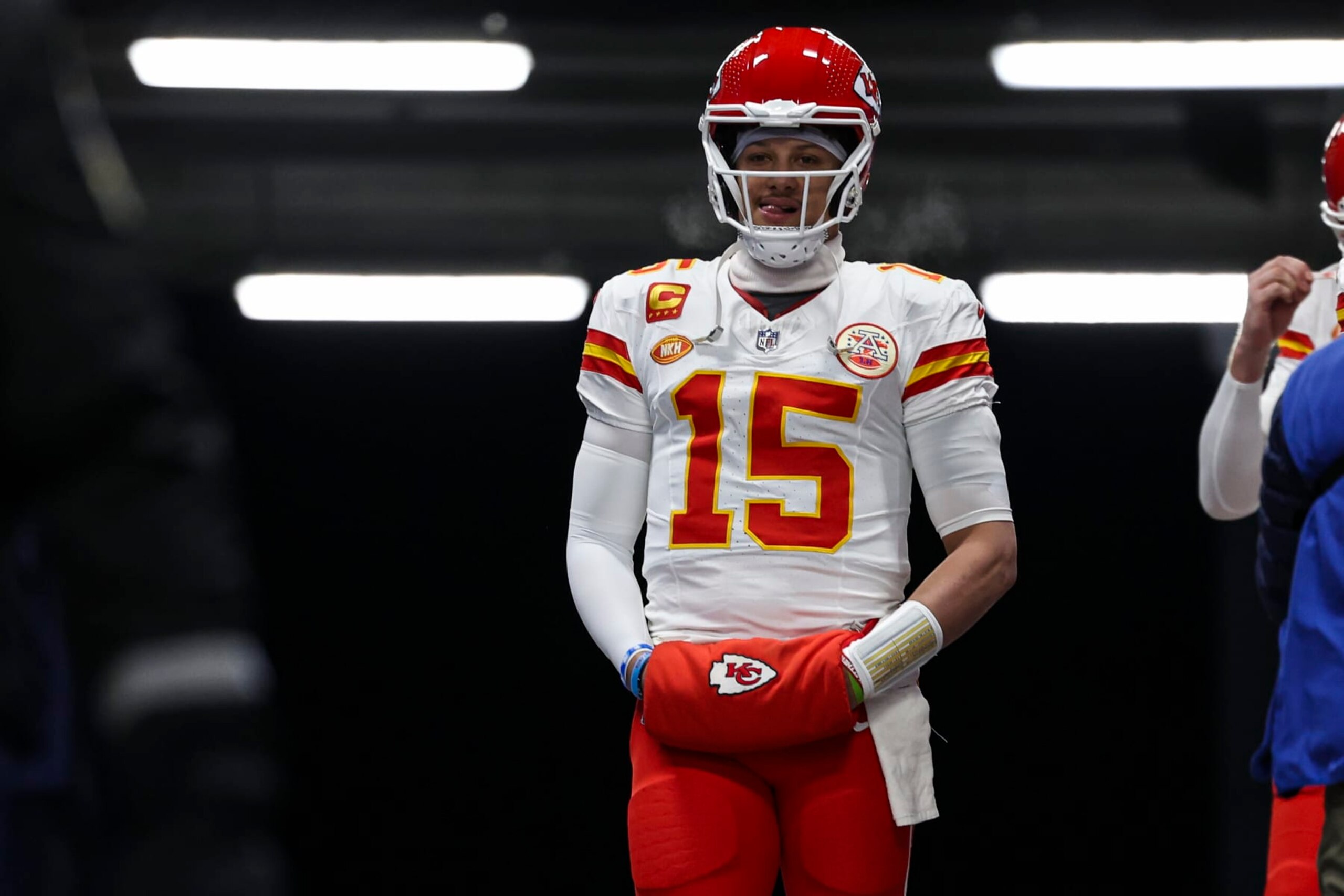 ORCHARD PARK, NY - JANUARY 21: Patrick Mahomes #15 of the Kansas City Chiefs walks out of the tunnel for warm ups prior to an NFL divisional round playoff football game against the Buffalo Bills at Highmark Stadium on January 21, 2024 in Orchard Park, New York. (Photo by Perry Knotts/Getty Images) ORCHARD PARK, NY - JANUARY 21: Patrick Mahomes #15 of the Kansas City Chiefs walks out of the tunnel for warm ups prior to an NFL divisional round playoff football game against the Buffalo Bills at Highmark Stadium on January 21, 2024 in Orchard Park, New York. (Photo by Perry Knotts/Getty Images)