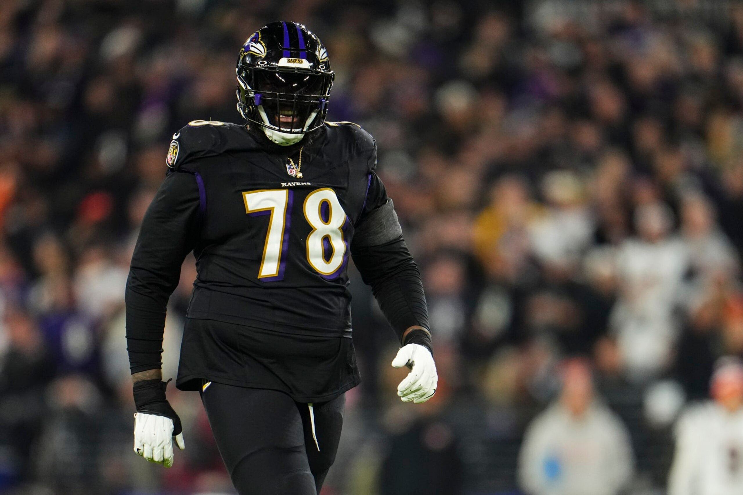 BALTIMORE, MD - NOVEMBER 16: Morgan Moses #78 of the Baltimore Ravens reacts during an NFL football game against the Cincinnati Bengals at M&T Bank Stadium on November 16, 2023 in Baltimore, Maryland. (Photo by Cooper Neill/Getty Images)