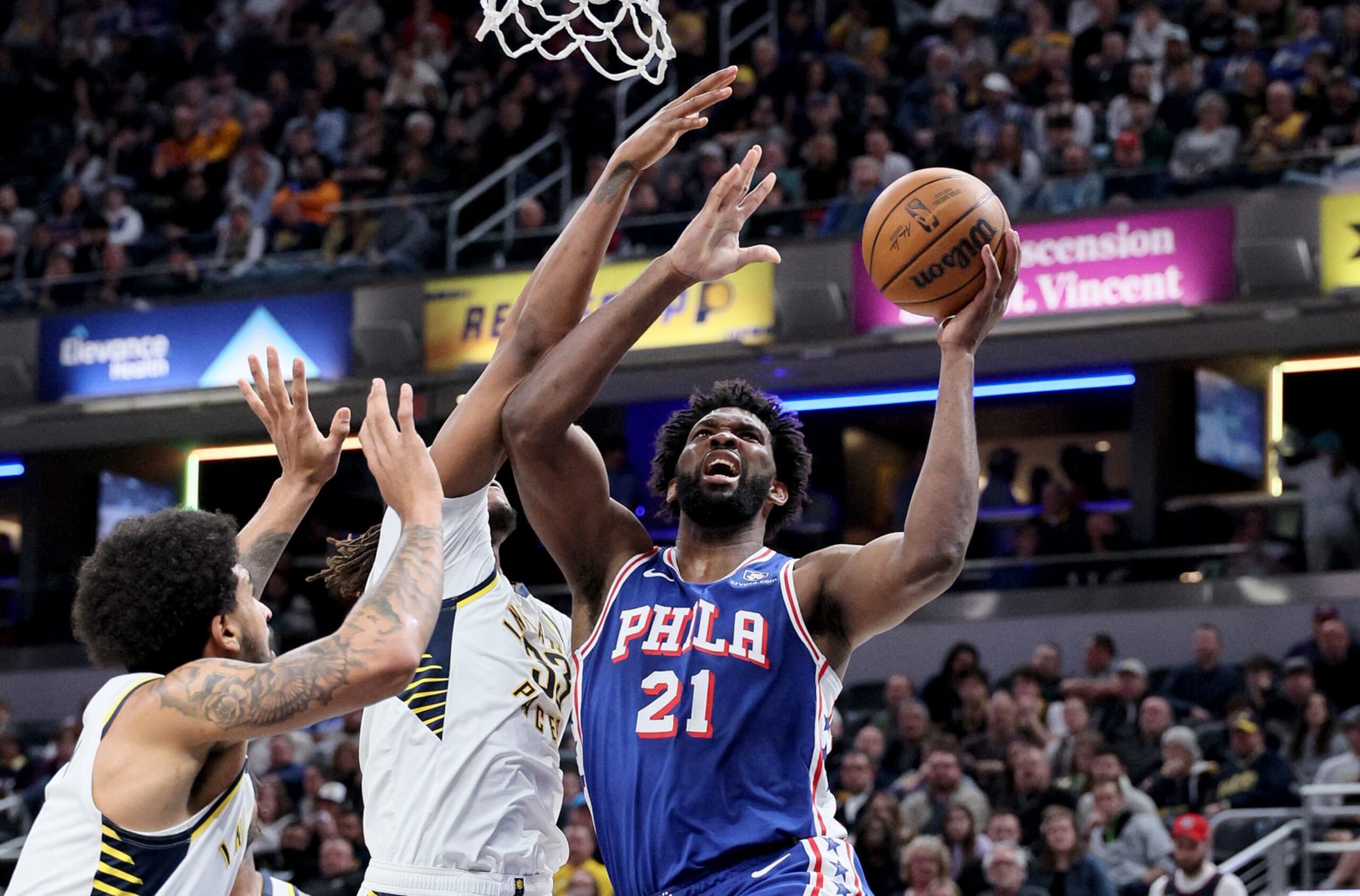 INDIANAPOLIS, INDIANA - JANUARY 25: Joel Embiid #21of the Philadelphia 76ers shoots the ball in the first half against the Indiana Pacers at Gainbridge Fieldhouse on January 25, 2024 in Indianapolis, Indiana.    NOTE TO USER: User expressly acknowledges and agrees that, by downloading and or using this photograph, User is consenting to the terms and conditions of the Getty Images License Agreement.  (Photo by Andy Lyons/Getty Images)