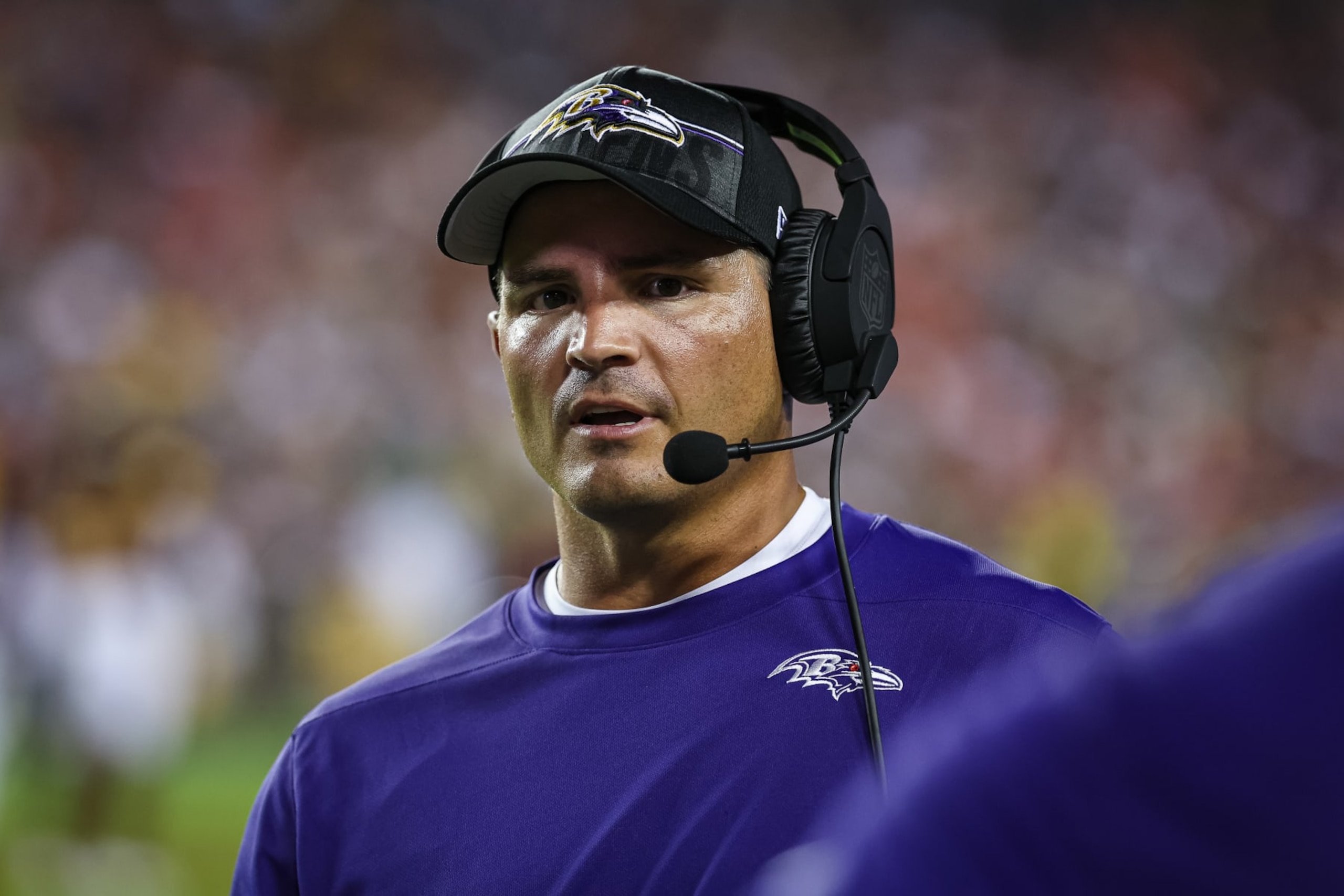 LANDOVER, MD - AUGUST 21: Defensive coordinator Mike Macdonald of the Baltimore Ravens looks on during the first half of the preseason game against the Washington Commanders at FedExField on August 21, 2023 in Landover, Maryland. (Photo by Scott Taetsch/Getty Images) LANDOVER, MD - AUGUST 21: Defensive coordinator Mike Macdonald of the Baltimore Ravens looks on during the first half of the preseason game against the Washington Commanders at FedExField on August 21, 2023 in Landover, Maryland. (Photo by Scott Taetsch/Getty Images)