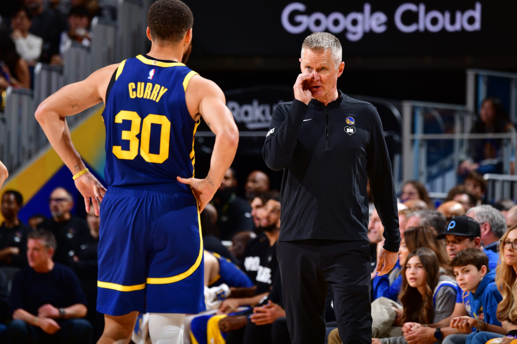 SAN FRANCISCO, CA - JANUARY 27:  Head Coach Steve Kerr of the Golden State Warriors talks to Stephen Curry #30 during the game against the Los Angeles Lakers on January 27, 2024 at Chase Center in San Francisco, California. NOTE TO USER: User expressly acknowledges and agrees that, by downloading and or using this photograph, user is consenting to the terms and conditions of Getty Images License Agreement. Mandatory Copyright Notice: Copyright 2024 NBAE (Photo by Barry Gossage/NBAE via Getty Images)