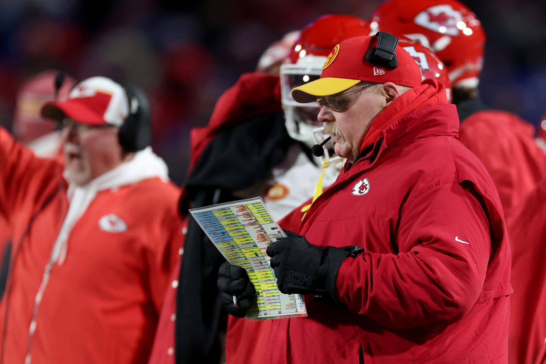 ORCHARD PARK, NEW YORK - JANUARY 21: Head coach Andy Reid of the Kansas City Chiefs looks on against the Buffalo Bills during the second quarter in the AFC Divisional Playoff game at Highmark Stadium on January 21, 2024 in Orchard Park, New York. (Photo by Al Bello/Getty Images)