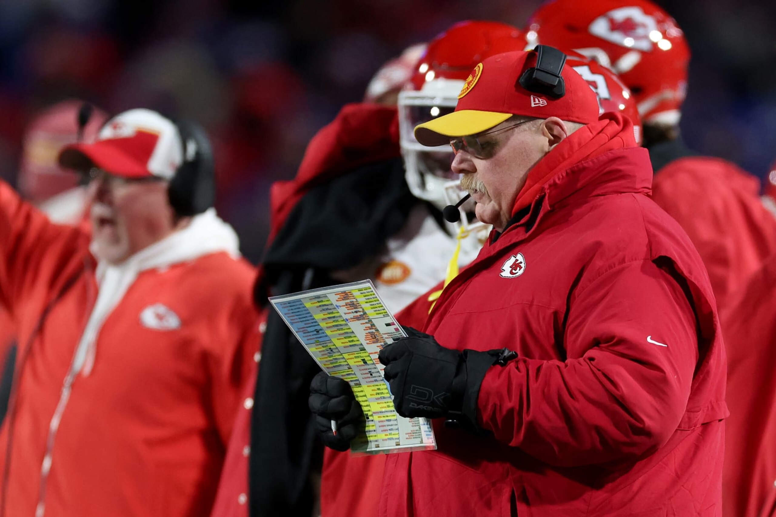 ORCHARD PARK, NEW YORK - JANUARY 21: Head coach Andy Reid of the Kansas City Chiefs looks on against the Buffalo Bills during the second quarter in the AFC Divisional Playoff game at Highmark Stadium on January 21, 2024 in Orchard Park, New York. (Photo by Al Bello/Getty Images)