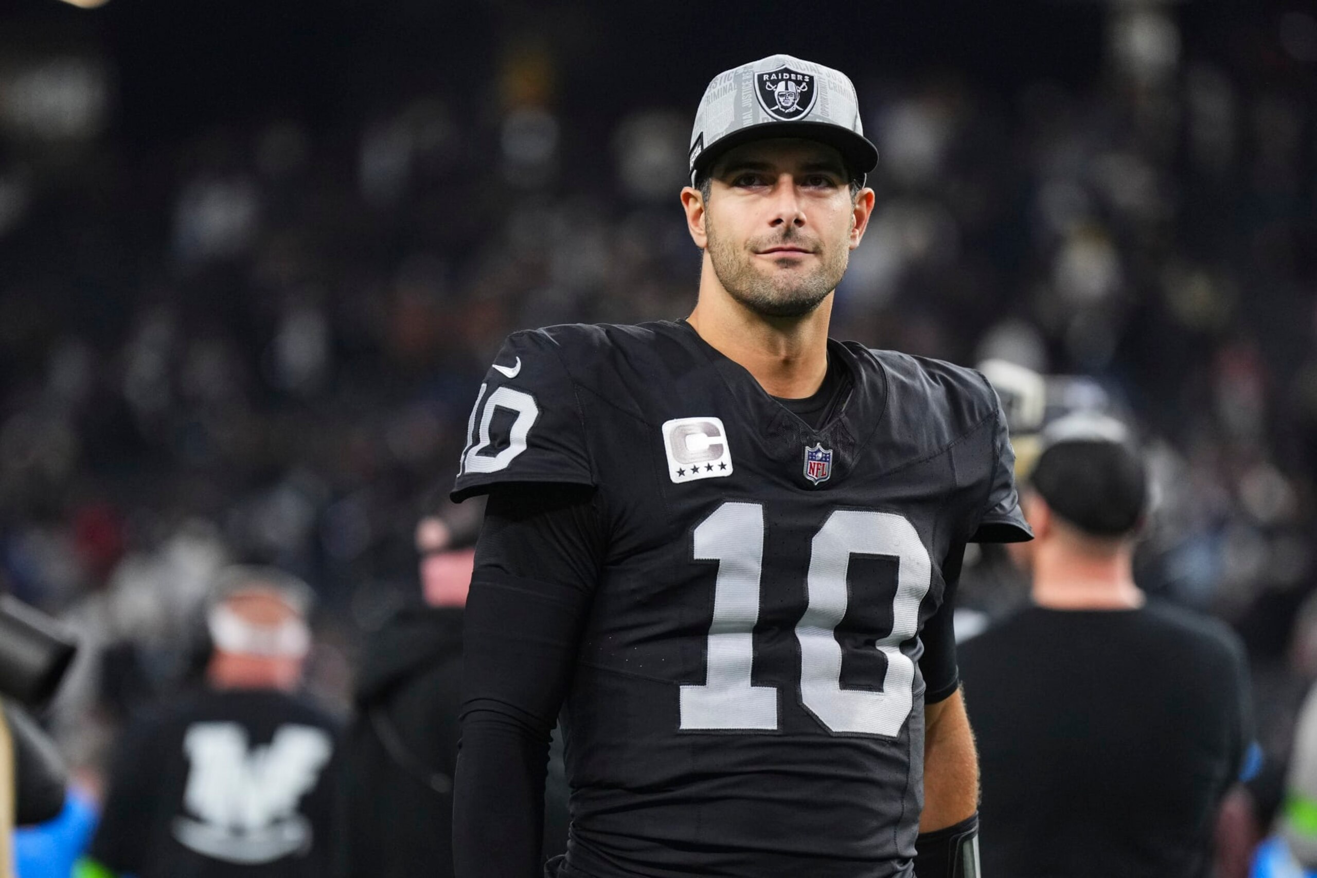 LAS VEGAS, NV - DECEMBER 14: Jimmy Garoppolo #10 of the Las Vegas Raiders walks off of the field after an NFL football game against the Los Angeles Chargers at Allegiant Stadium on December 14, 2023 in Las Vegas, Nevada. (Photo by Cooper Neill/Getty Images)