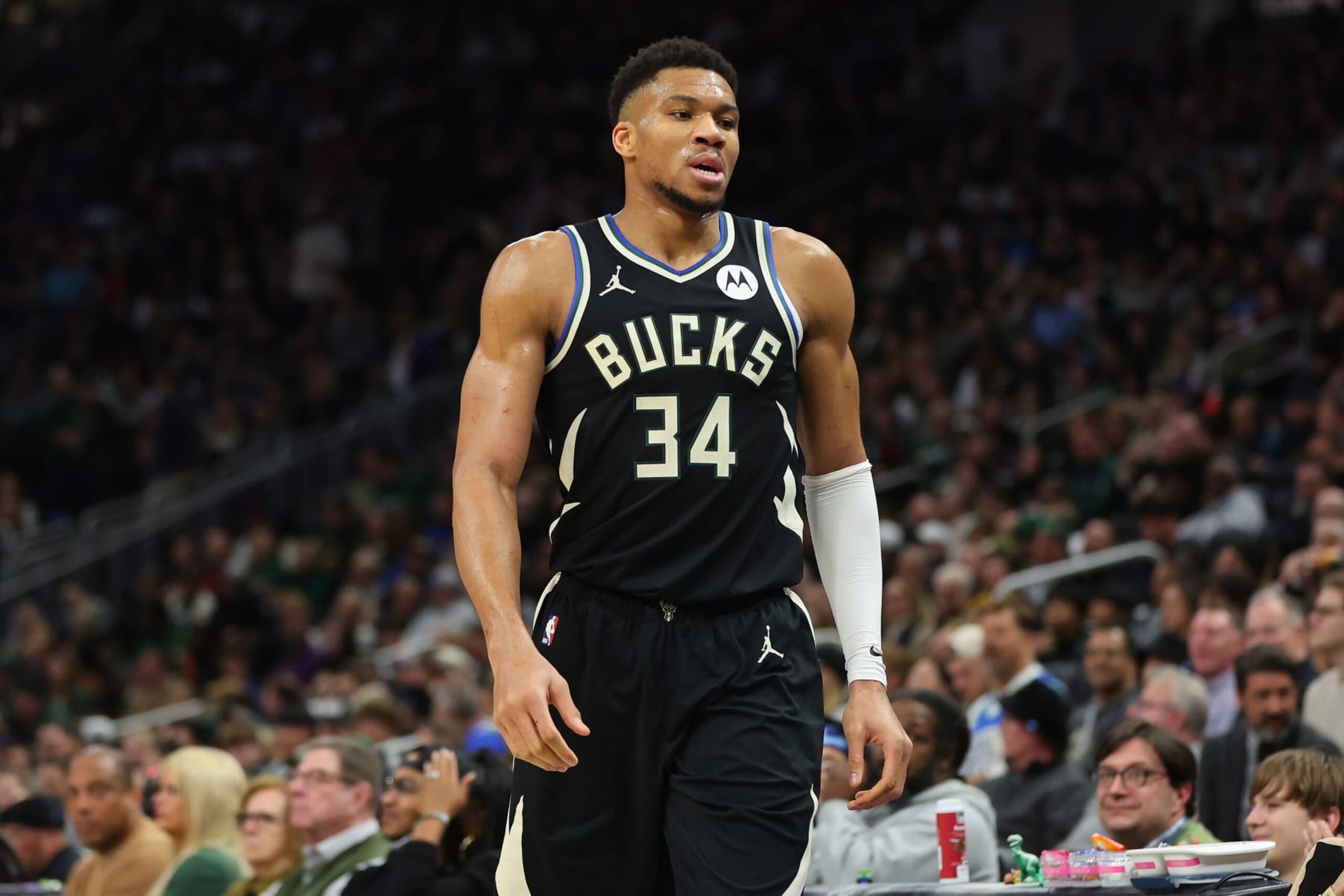 MILWAUKEE, WISCONSIN - JANUARY 26: Giannis Antetokounmpo #34 of the Milwaukee Bucks walks to the bench during the first half of a game against the Cleveland Cavaliers at Fiserv Forum on January 26, 2024 in Milwaukee, Wisconsin. NOTE TO USER: User expressly acknowledges and agrees that, by downloading and or using this photograph, User is consenting to the terms and conditions of the Getty Images License Agreement. (Photo by Stacy Revere/Getty Images)
