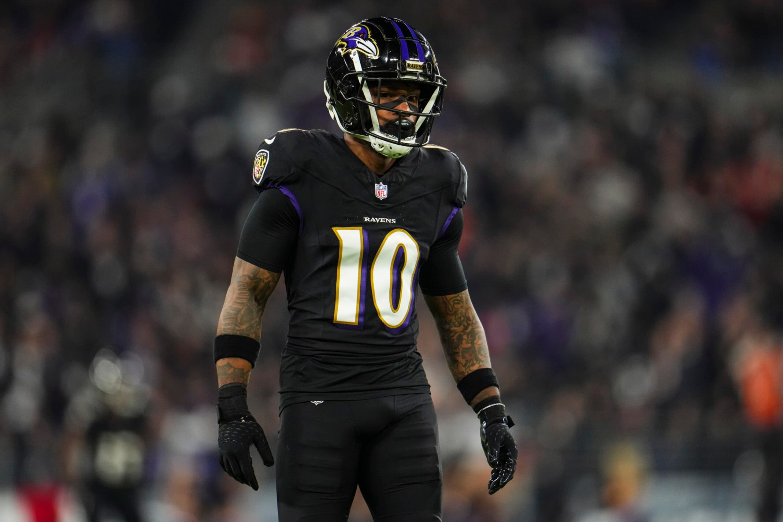 BALTIMORE, MD - NOVEMBER 16: Arthur Maulet #10 of the Baltimore Ravens lines up during an NFL football game against the Cincinnati Bengals at M&T Bank Stadium on November 16, 2023 in Baltimore, Maryland. (Photo by Cooper Neill/Getty Images)