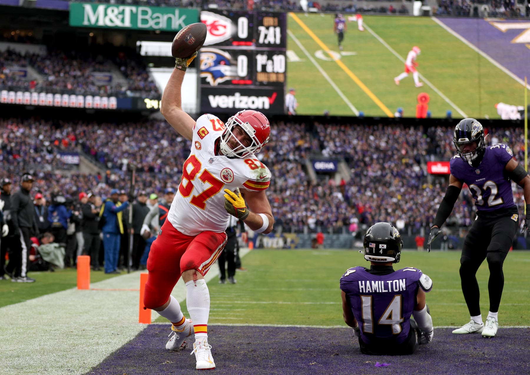 BALTIMORE, MARYLAND - JANUARY 28: Travis Kelce #87 of the Kansas City Chiefs celebrates after a touchdown against the Baltimore Ravens during the first quarter in the AFC Championship Game at M&T Bank Stadium on January 28, 2024 in Baltimore, Maryland. (Photo by Patrick Smith/Getty Images)