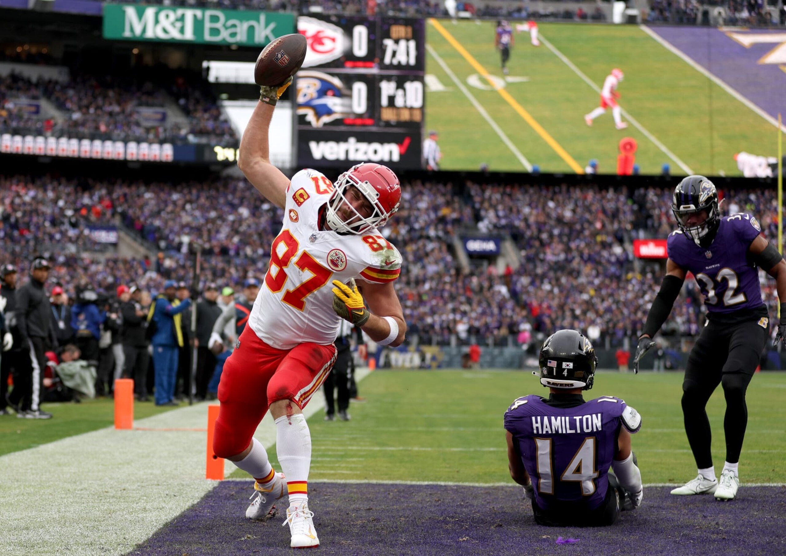 BALTIMORE, MARYLAND - JANUARY 28: Travis Kelce #87 of the Kansas City Chiefs celebrates after a touchdown against the Baltimore Ravens during the first quarter in the AFC Championship Game at M&T Bank Stadium on January 28, 2024 in Baltimore, Maryland. (Photo by Patrick Smith/Getty Images)
