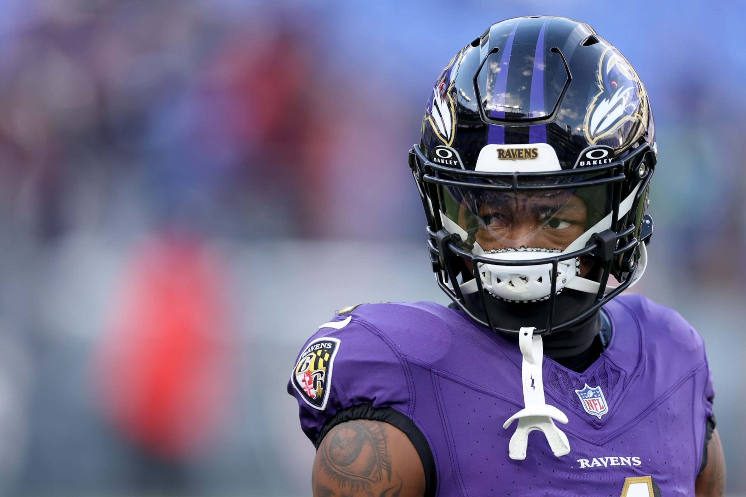 BALTIMORE, MARYLAND - JANUARY 20: Zay Flowers #4 of the Baltimore Ravens looks on prior to the AFC Divisional Playoff game against the Houston Texans at M&T Bank Stadium on January 20, 2024 in Baltimore, Maryland. (Photo by Patrick Smith/Getty Images) BALTIMORE, MARYLAND - JANUARY 20: Zay Flowers #4 of the Baltimore Ravens looks on prior to the AFC Divisional Playoff game against the Houston Texans at M&T Bank Stadium on January 20, 2024 in Baltimore, Maryland. (Photo by Patrick Smith/Getty Images)