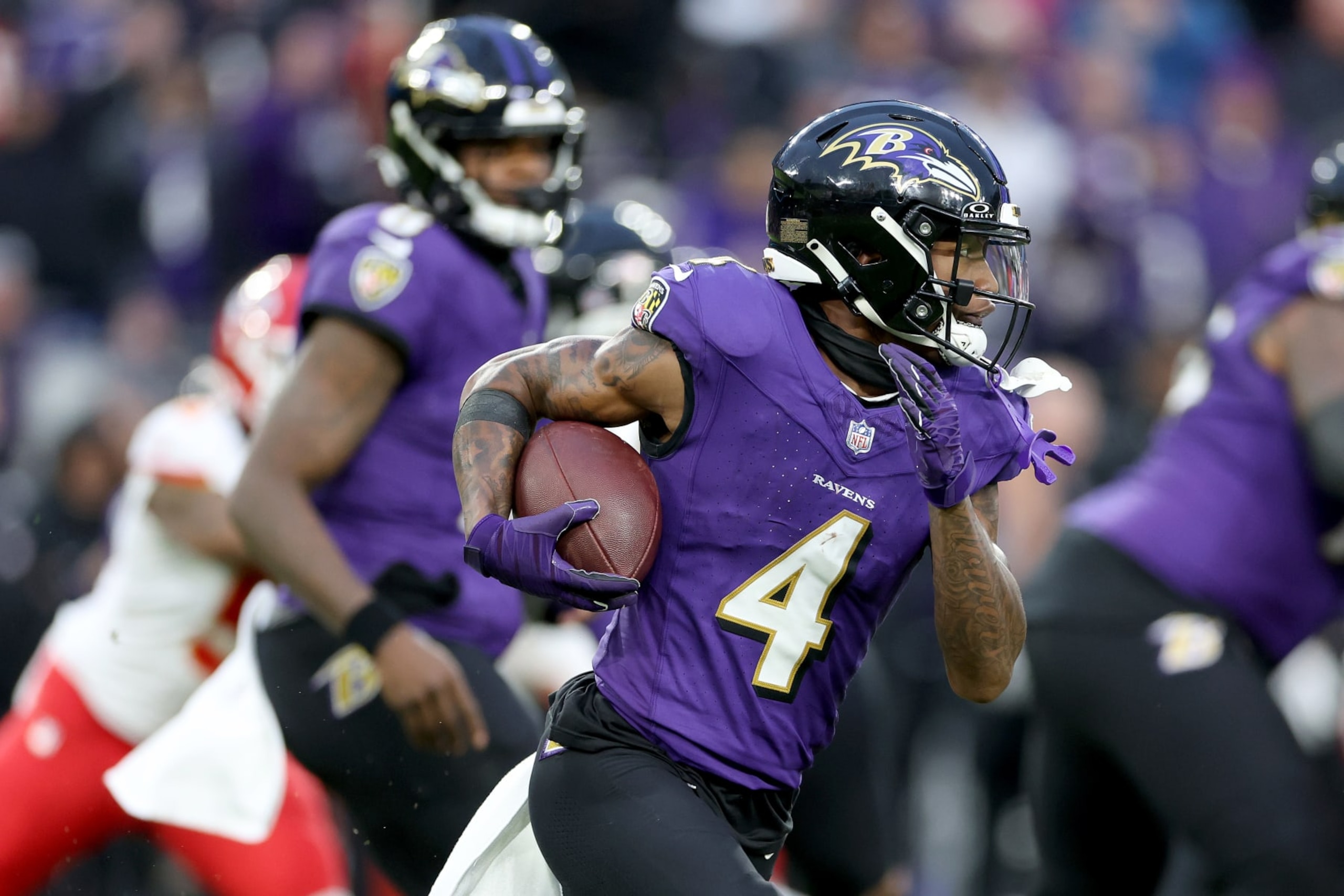 BALTIMORE, MARYLAND - JANUARY 28: Zay Flowers #4 of the Baltimore Ravens runs with the ball against the Kansas City Chiefs during the third quarter in the AFC Championship Game at M&T Bank Stadium on January 28, 2024 in Baltimore, Maryland. (Photo by Rob Carr/Getty Images) BALTIMORE, MARYLAND - JANUARY 28: Zay Flowers #4 of the Baltimore Ravens runs with the ball against the Kansas City Chiefs during the third quarter in the AFC Championship Game at M&T Bank Stadium on January 28, 2024 in Baltimore, Maryland. (Photo by Rob Carr/Getty Images)