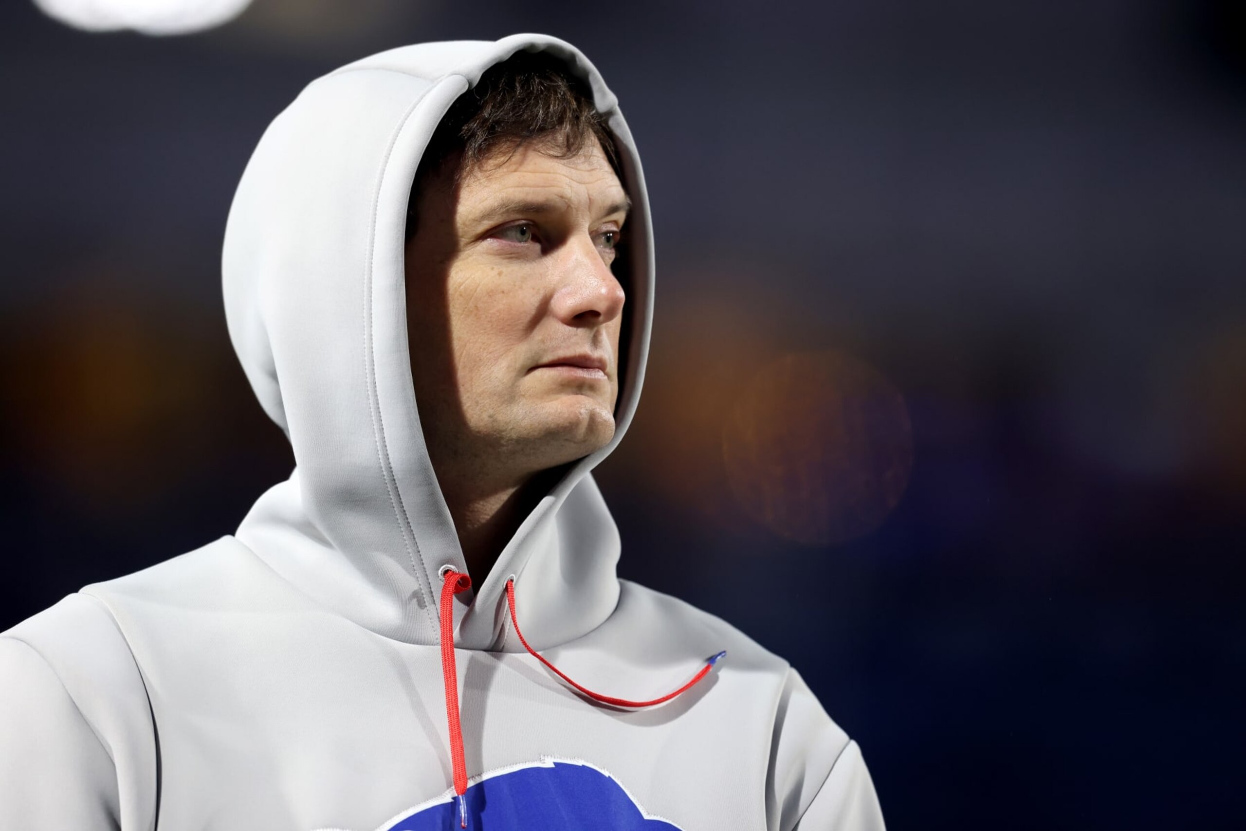 ORCHARD PARK, NEW YORK - OCTOBER 15: Offensive Coordinator Ken Dorsey of the Buffalo Bills looks on prior to a game against the New York Giants at Highmark Stadium on October 15, 2023 in Orchard Park, New York. (Photo by Bryan Bennett/Getty Images)