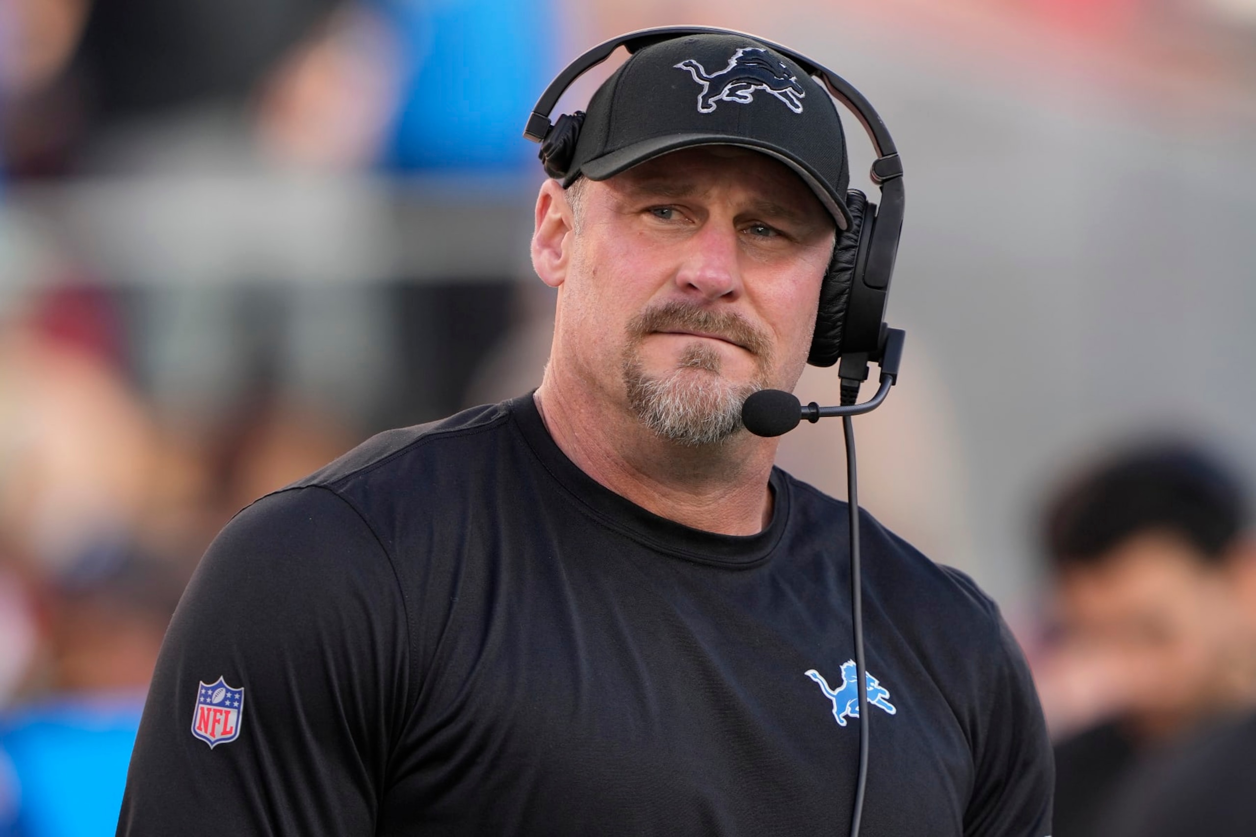 SANTA CLARA, CALIFORNIA - JANUARY 28: Head coach Dan Campbell of the Detroit Lions reacts prior to a game against the San Francisco 49ers in the NFC Championship Game at Levi's Stadium on January 28, 2024 in Santa Clara, California. (Photo by Thearon W. Henderson/Getty Images)