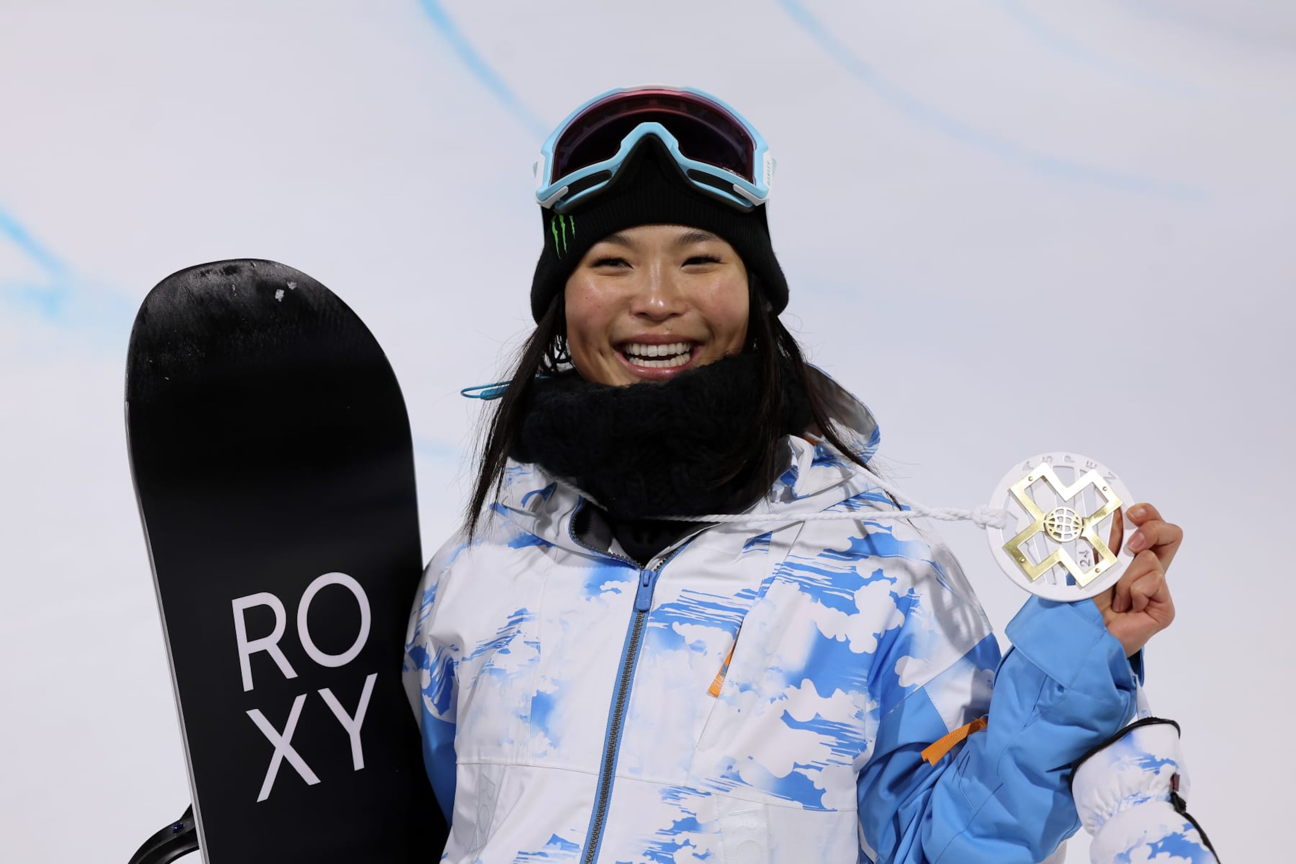 ASPEN, COLORADO - JANUARY 26:  Chloe Kim of the USA poses with the gold medal after winning the Monster Energy Women's Snowboard SuperPipe Final on day 1 of the X Games Aspen 2024 on January 26, 2024 in Aspen, Colorado. (Photo by Jamie Squire/Getty Images)