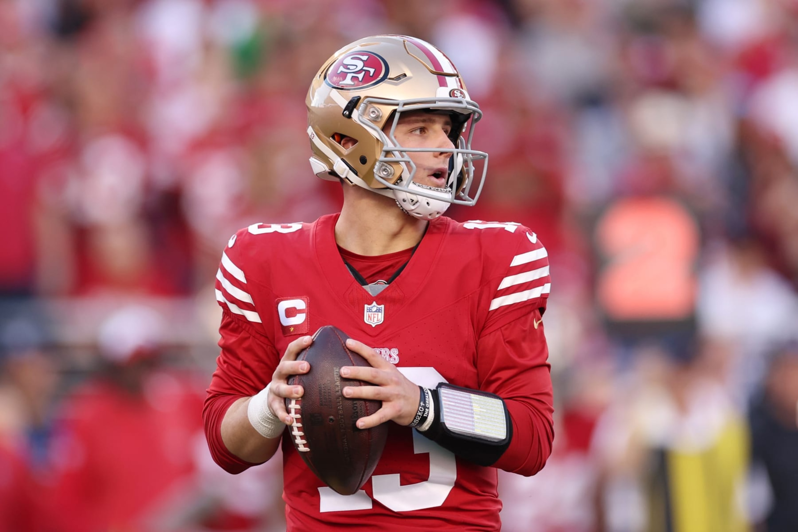 SANTA CLARA, CALIFORNIA - JANUARY 28: Brock Purdy #13 of the San Francisco 49ers looks to throw the ball during the first quarter against the Detroit Lions in the NFC Championship Game at Levi's Stadium on January 28, 2024 in Santa Clara, California. (Photo by Ezra Shaw/Getty Images)
