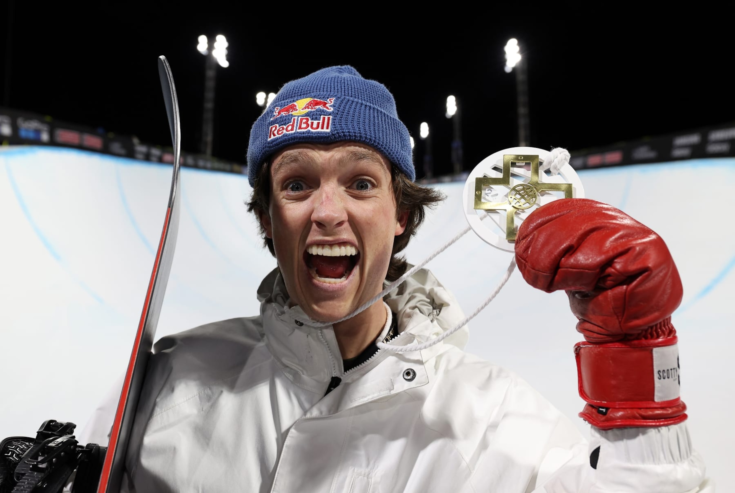 ASPEN, COLORADO - JANUARY 26:  Scotty James of Australia poses with the gold medal after winning the Monster Energy Men's Snowboard SuperPipe Final on day 1 of the X Games Aspen 2024 on January 26, 2024 in Aspen, Colorado. (Photo by Jamie Squire/Getty Images)
