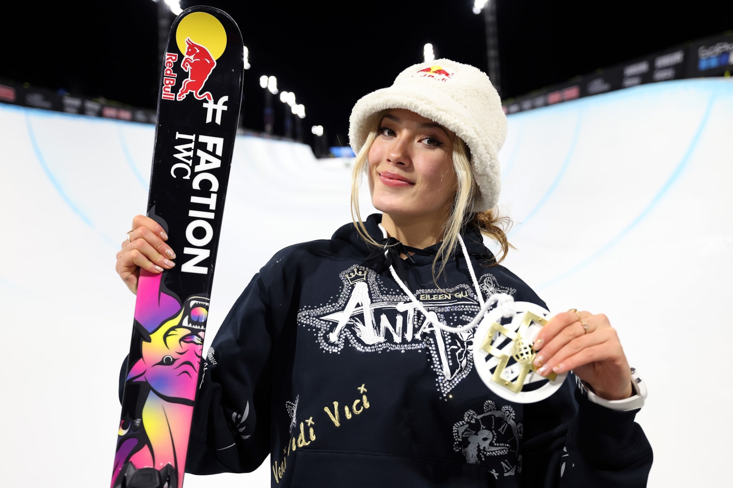 ASPEN, COLORADO - JANUARY 27:  Eileen Gu of China poses with the gold medal after winning the Women's Ski SuperPipe final on day 2 of the X Games Aspen 2024 on January 27, 2024 in Aspen, Colorado. (Photo by Jamie Squire/Getty Images)